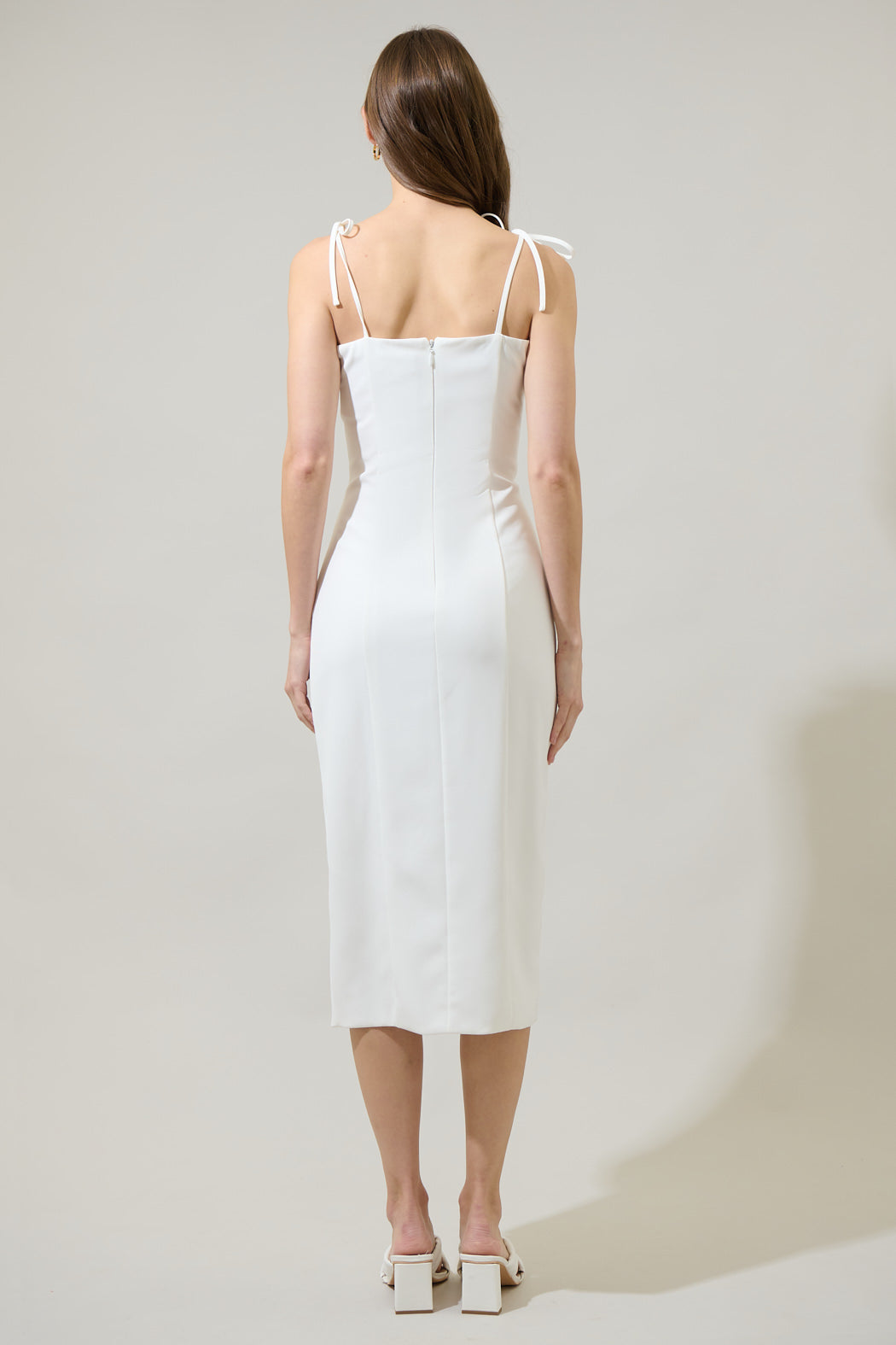 white midi dress with tie straps Women's Feels Like Fate Ivory Lace Tie Strap Midi Dress | Size: L