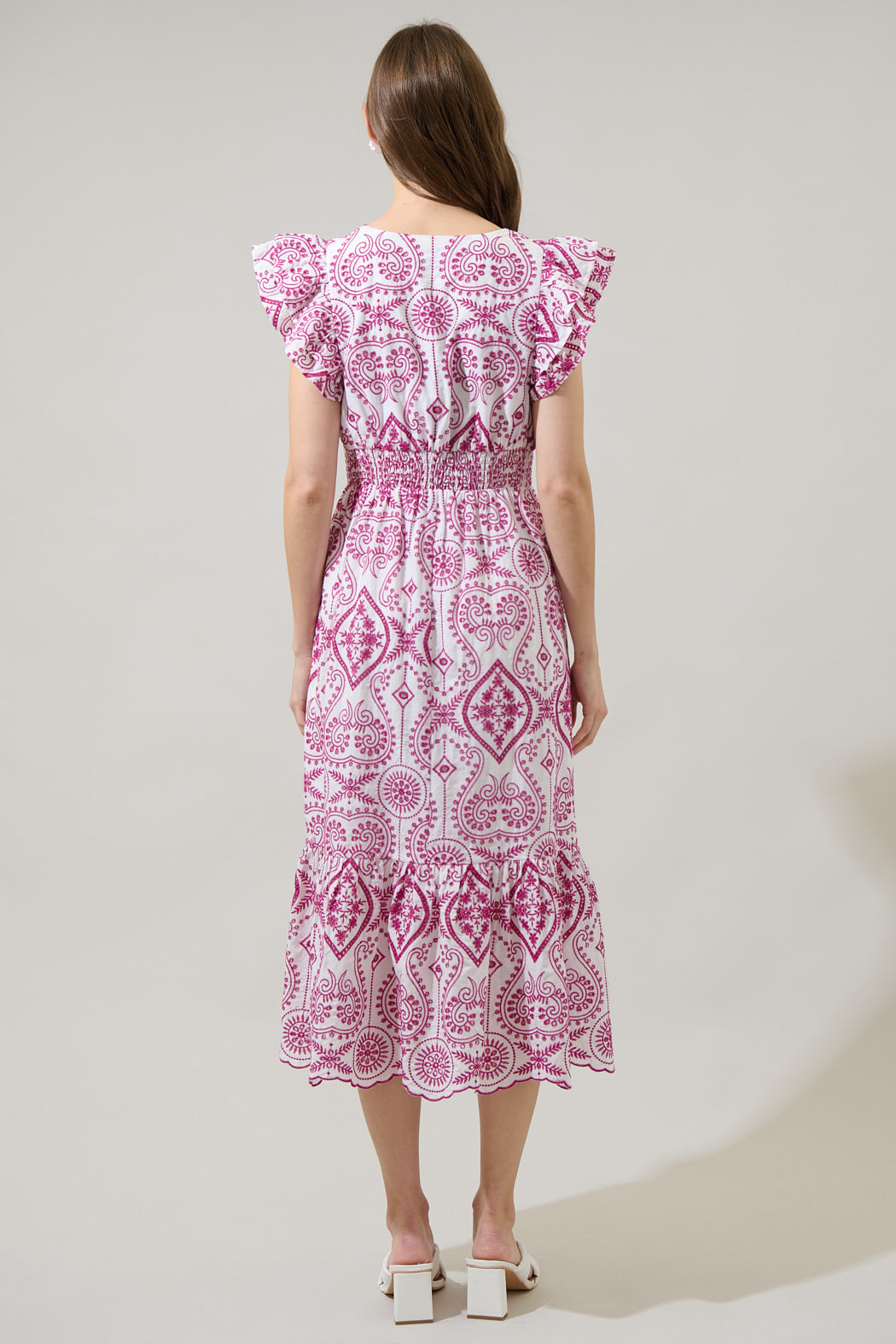Ines Eyelet Floral Zayla Poplin Midi Dress Magenta-White / Xs by Sugarlips Ines Eyelet Floral Zayla Poplin Midi Dress Magenta-White / Xs by Sugarlips