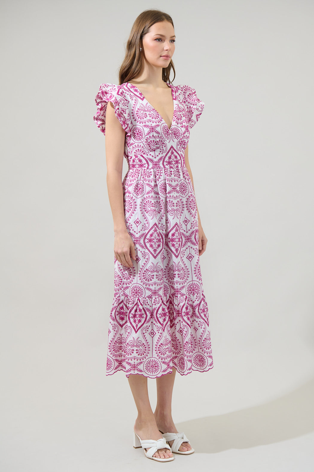 ines midi dress Ines Eyelet Floral Zayla Poplin Midi Dress MAGENTA-WHITE / XS by Sugarlips