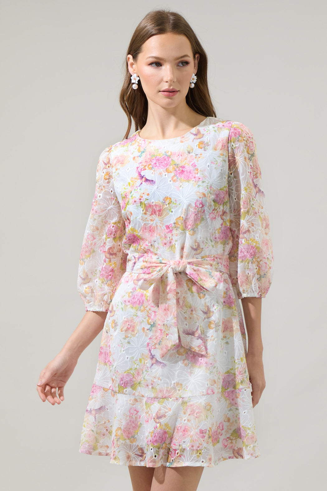 Emory Floral Brea Ruffle Mini Dress White-Pink / L by Sugarlips Emory Floral Brea Ruffle Mini Dress White-Pink / L by Sugarlips