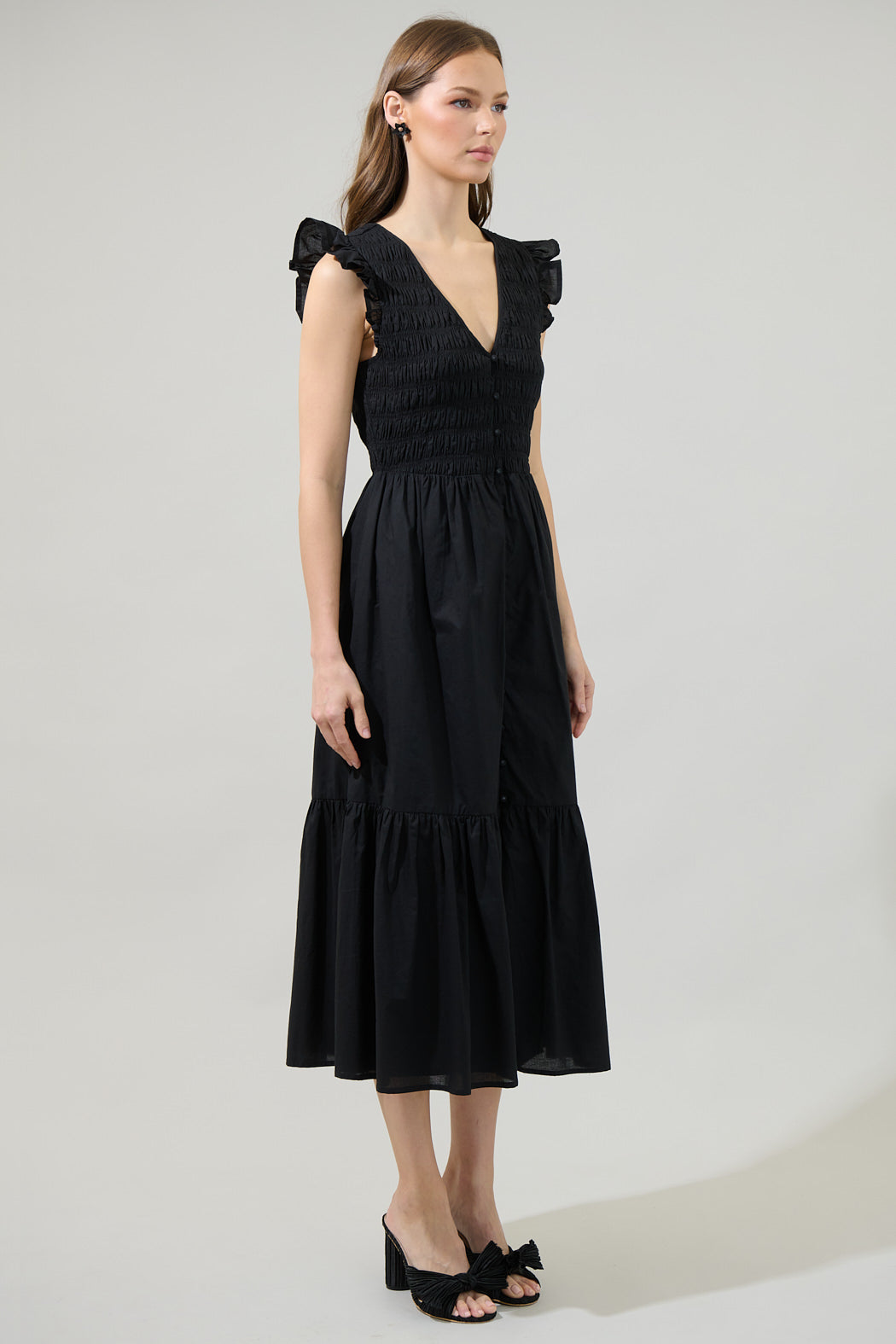 Angie Smocked Tiered Midi Dress Black / L by Sugarlips Angie Smocked Tiered Midi Dress Black / L by Sugarlips
