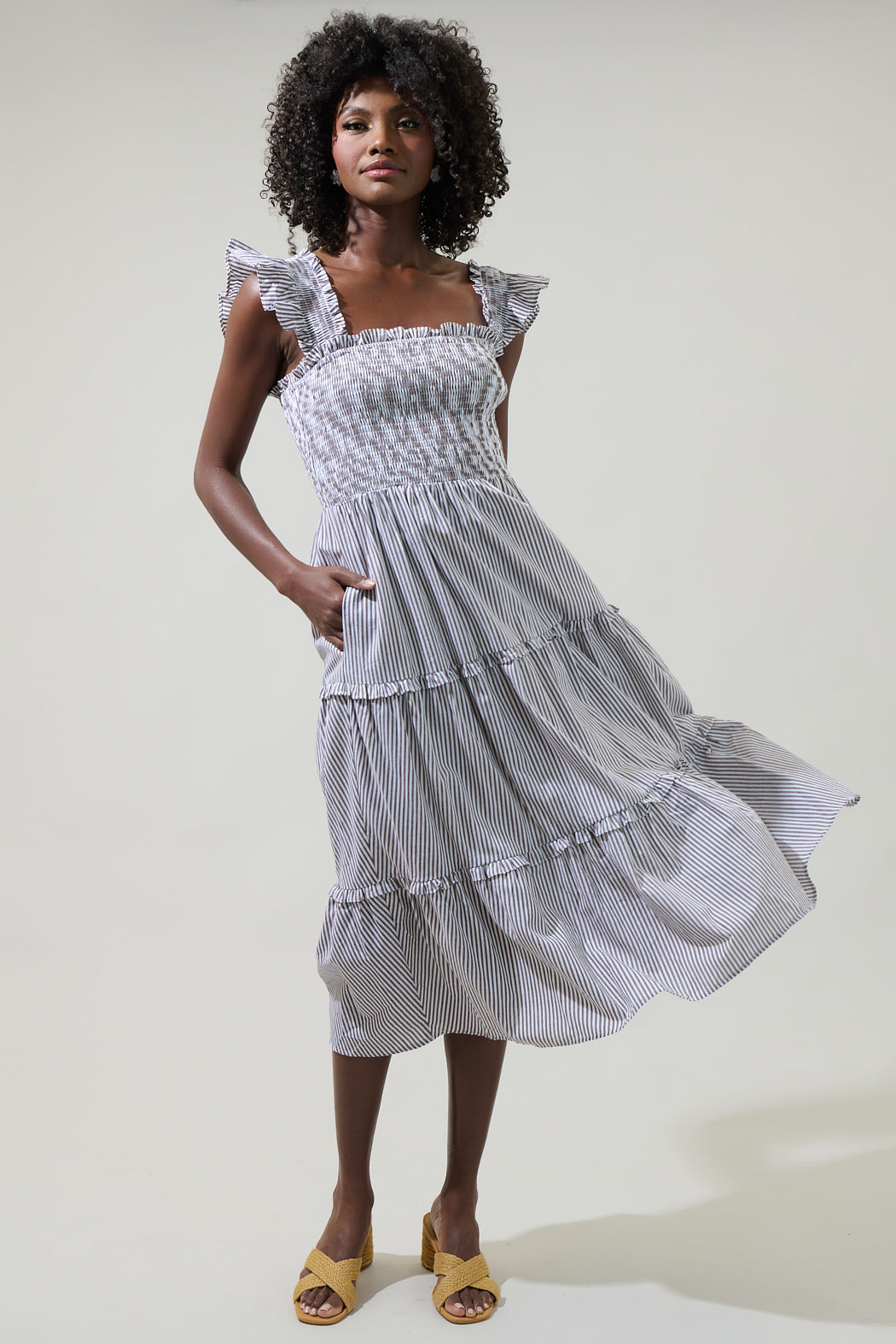 Katie Striped Smocked Bodice Midi Dress BROWN-STRIPE / S by Sugarlips