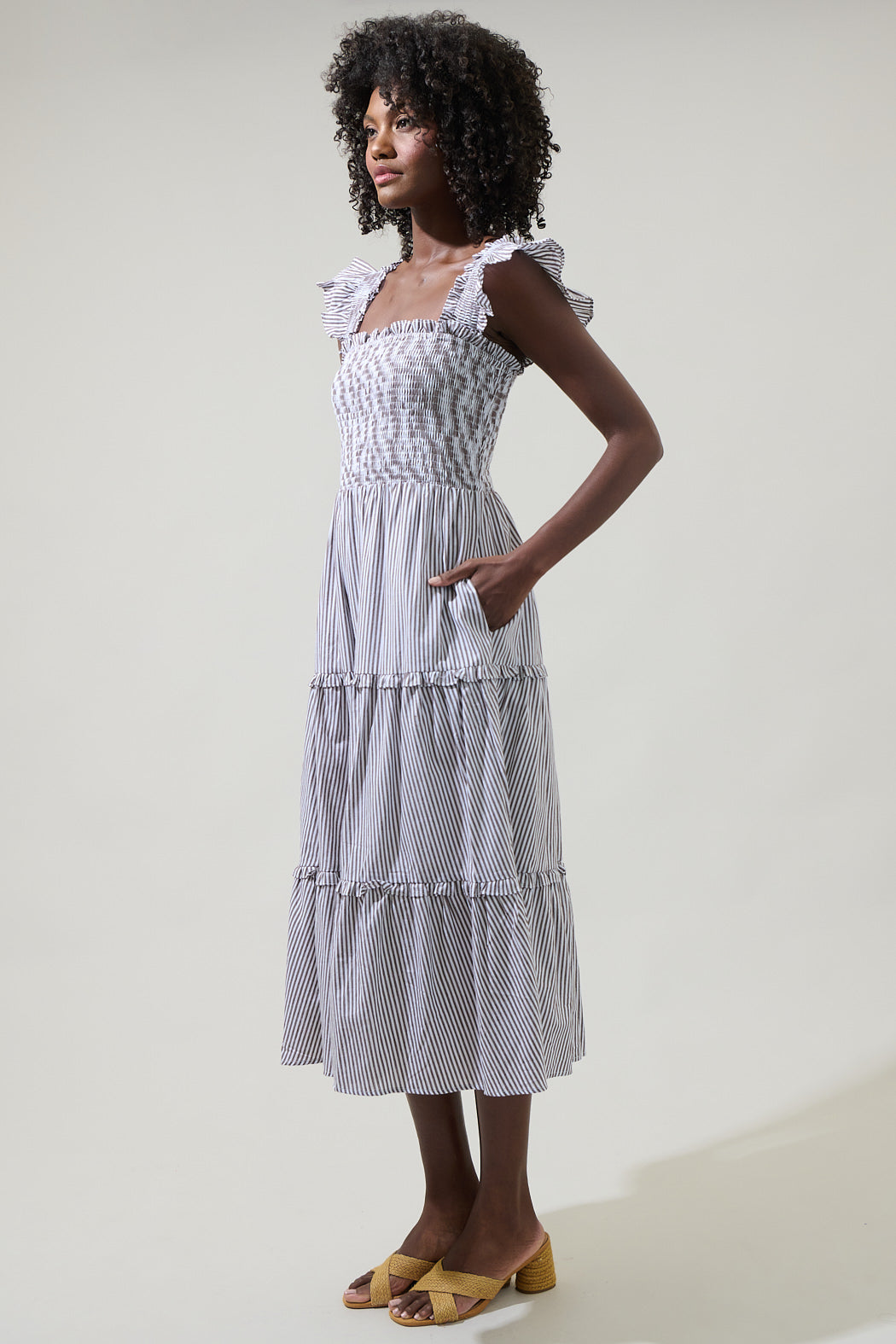 Katie Striped Smocked Bodice Midi Dress BLUE-WHITE / M by Sugarlips Katie Striped Smocked Bodice Midi Dress BLUE-WHITE / M by Sugarlips