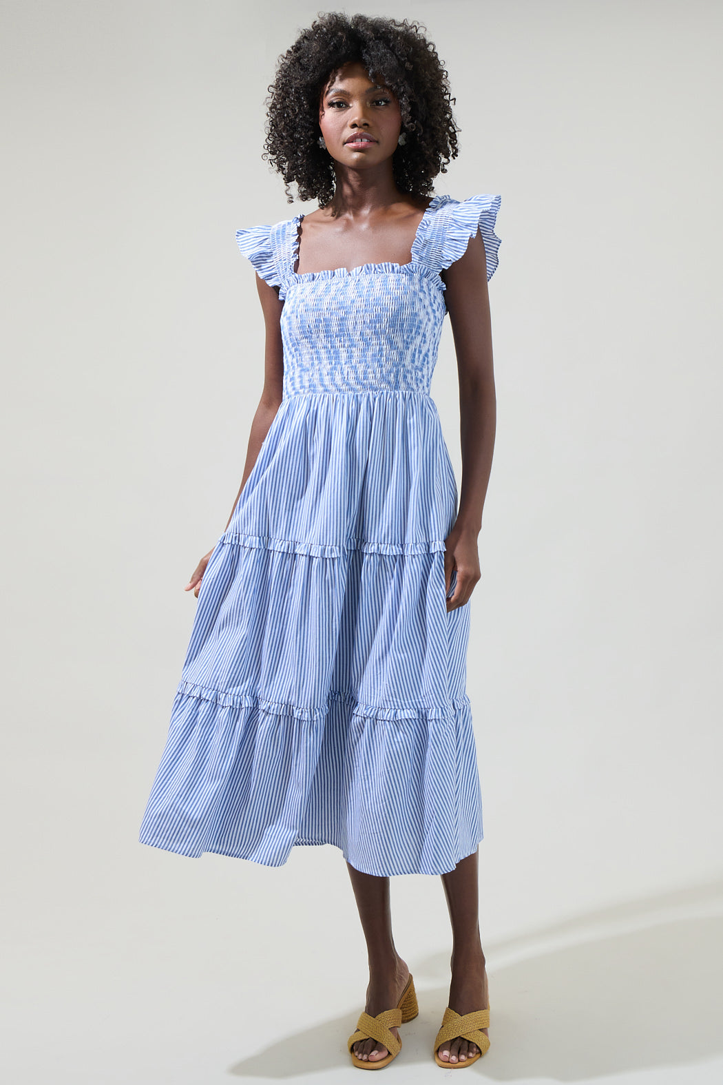 Katie Striped Smocked Bodice Midi Dress BLUE-WHITE / M