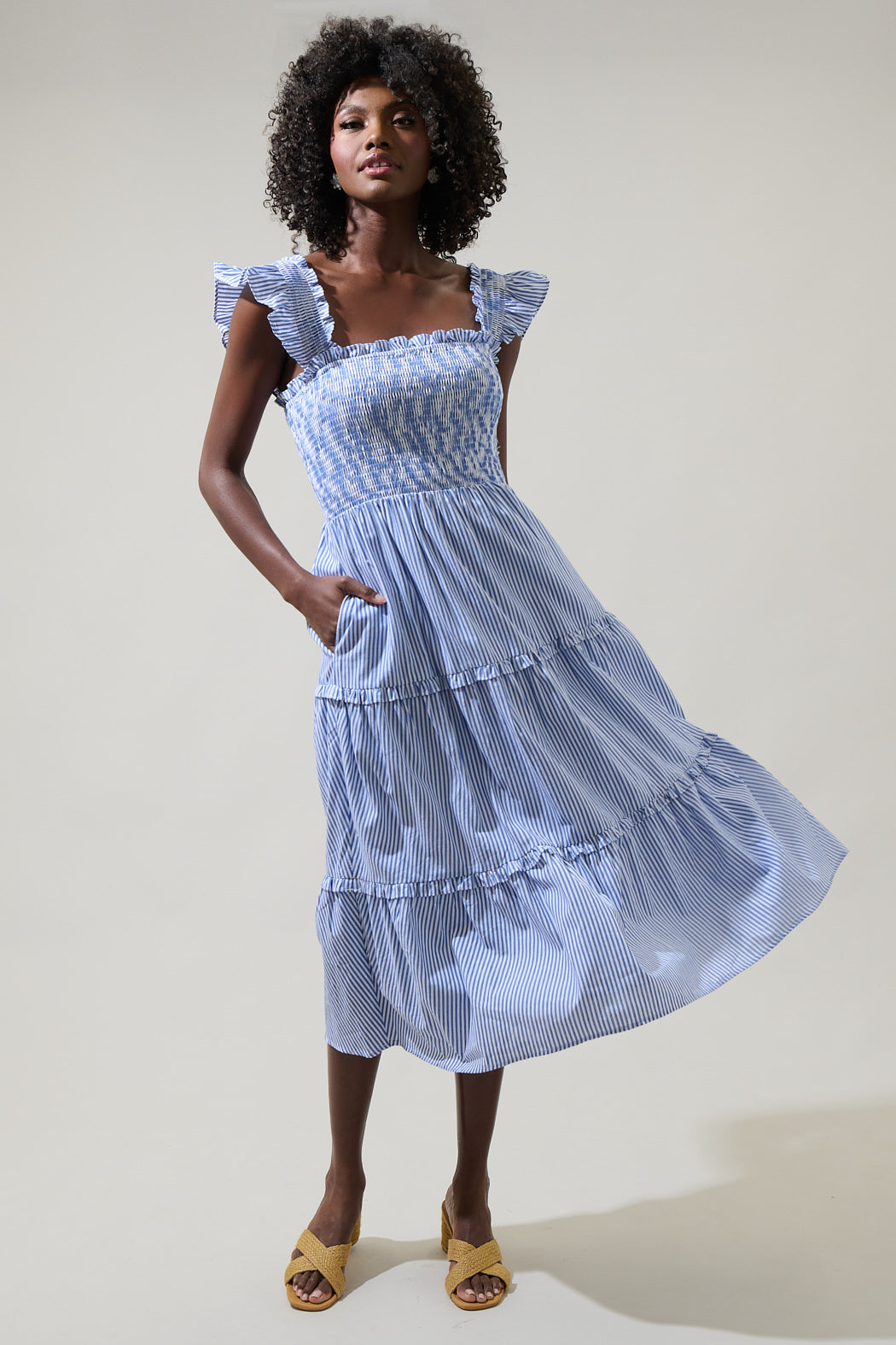 Lands' End Women's Cotton Dobby Smocked Dress With Ruffle Straps Katie Striped Smocked Bodice Midi Dress Lands' End Women's Cotton Dobby Smocked Dress With Ruffle Straps Katie Striped Smocked Bodice Midi Dress