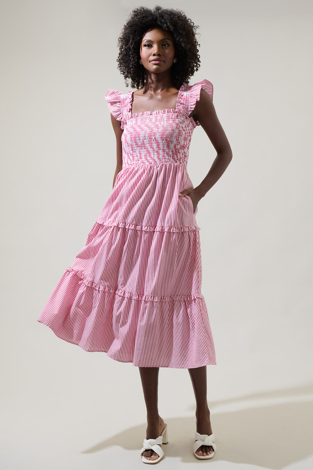 Katie Striped Smocked Bodice Midi Dress RED-WHITE / S by Sugarlips