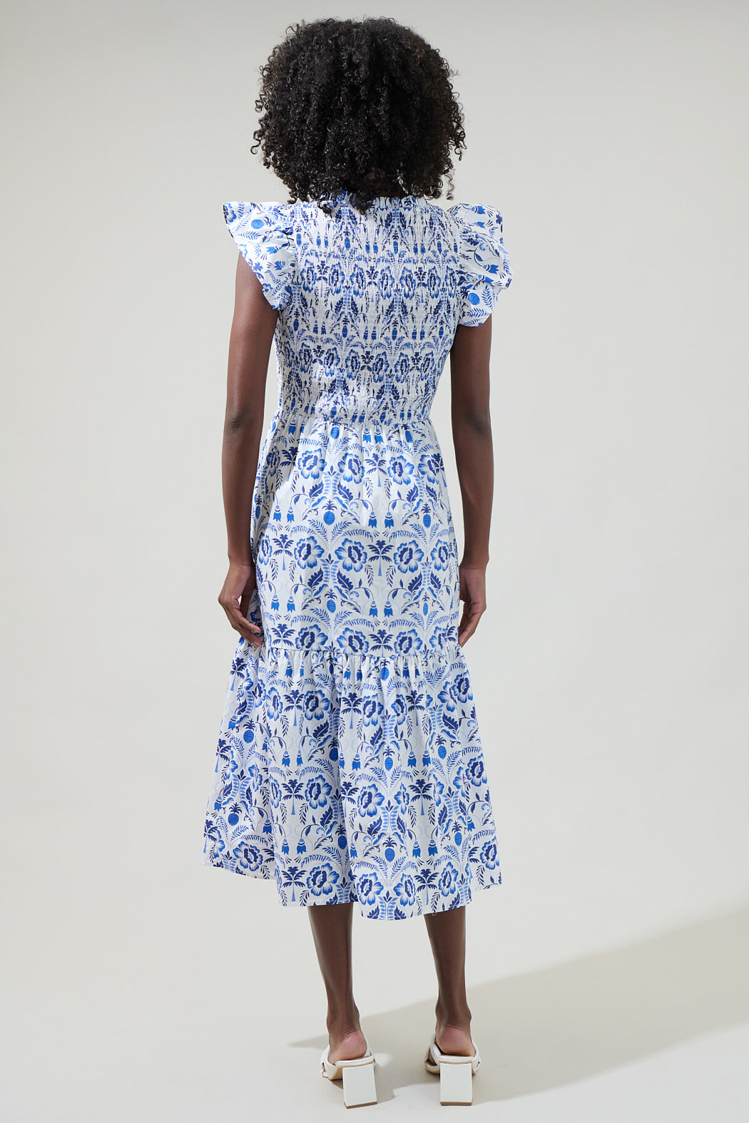 Marisol Floral Giza Glare Smock Tiered Midi Dress WHITE-BLUE / XS by Sugarlips Marisol Floral Giza Glare Smock Tiered Midi Dress WHITE-BLUE / XS by Sugarlips