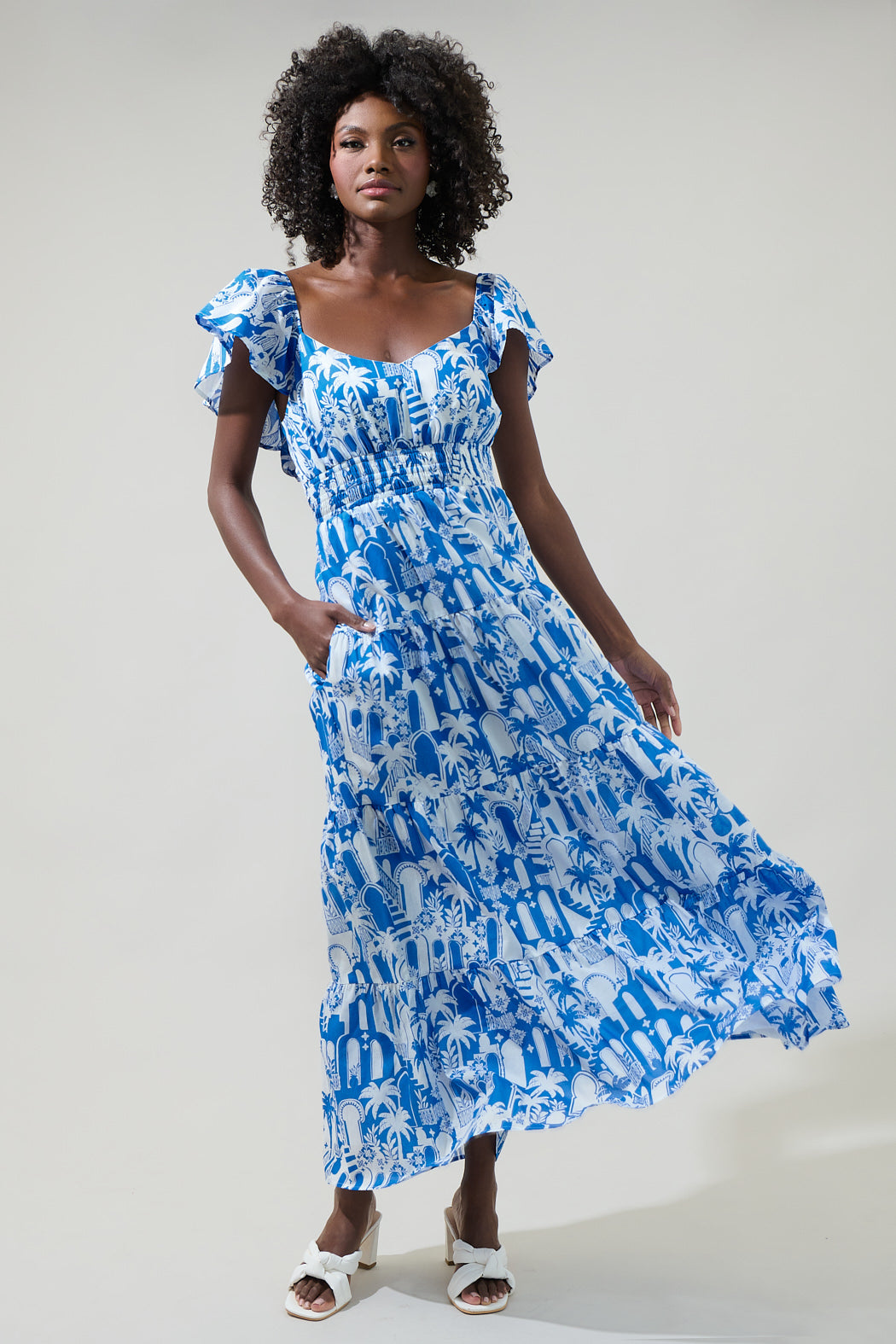 Nala Tiered Smocked Cotton Voile Maxi Dress WHITE-BLUE / L by Sugarlips Nala Tiered Smocked Cotton Voile Maxi Dress WHITE-BLUE / L by Sugarlips