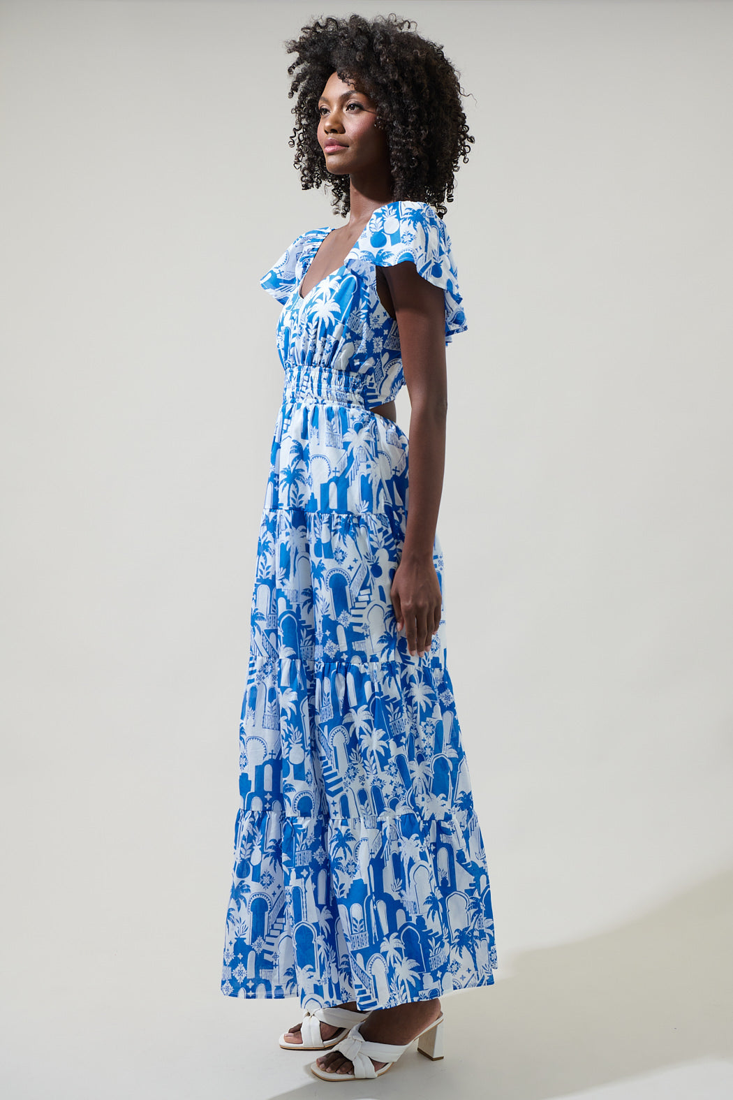 Nala Tiered Smocked Cotton Voile Maxi Dress WHITE-BLUE / L by Sugarlips Nala Tiered Smocked Cotton Voile Maxi Dress WHITE-BLUE / L by Sugarlips
