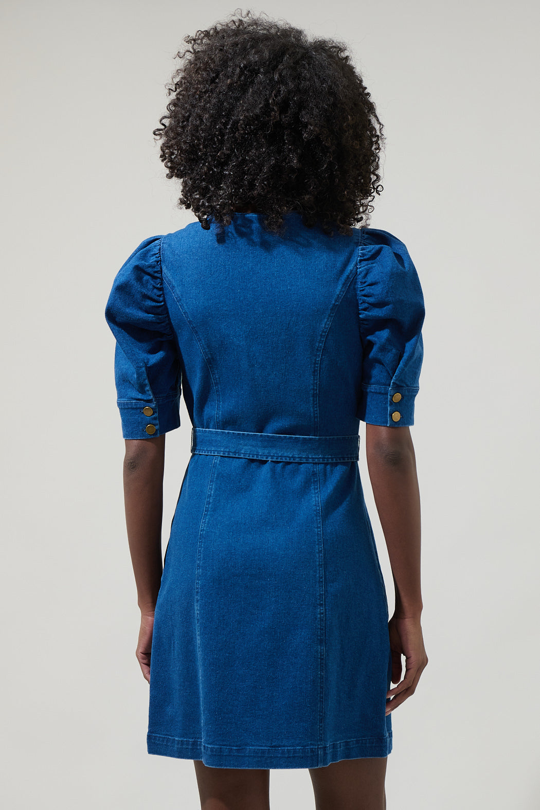 Jamie Denim Puff Sleeve Belted Mini Dress MID-BLUE / XL by Sugarlips Jamie Denim Puff Sleeve Belted Mini Dress MID-BLUE / XL by Sugarlips