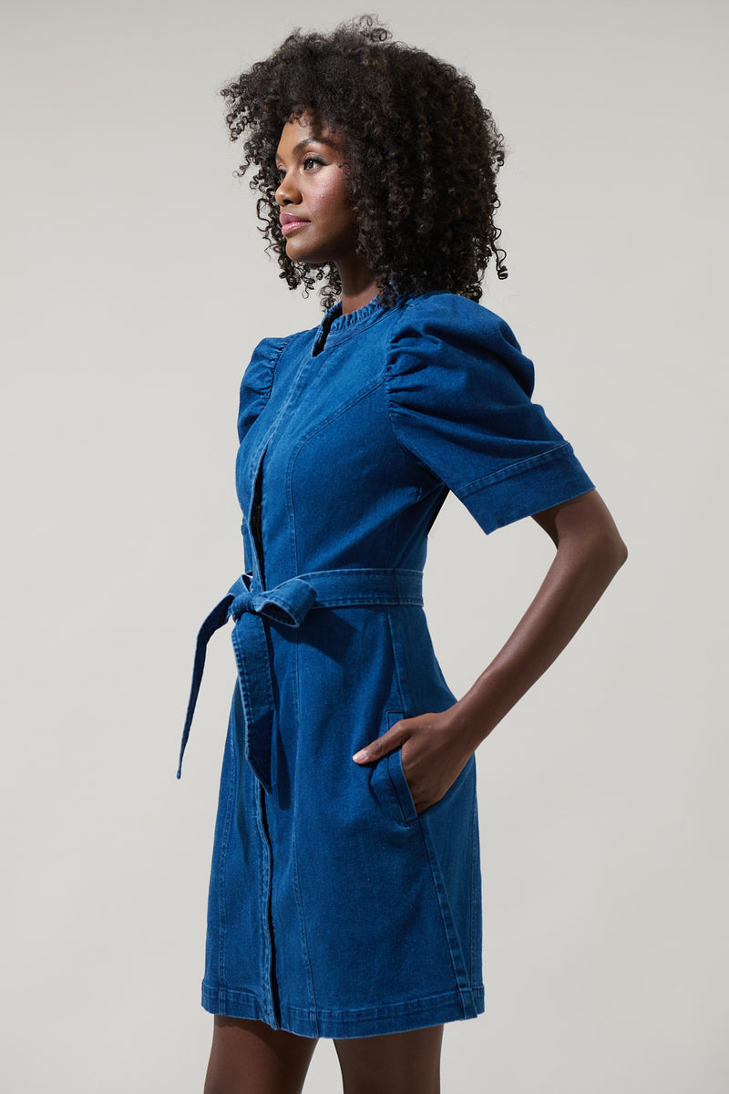 Jamie Denim Puff Sleeve Belted Mini Dress – Sugarlips