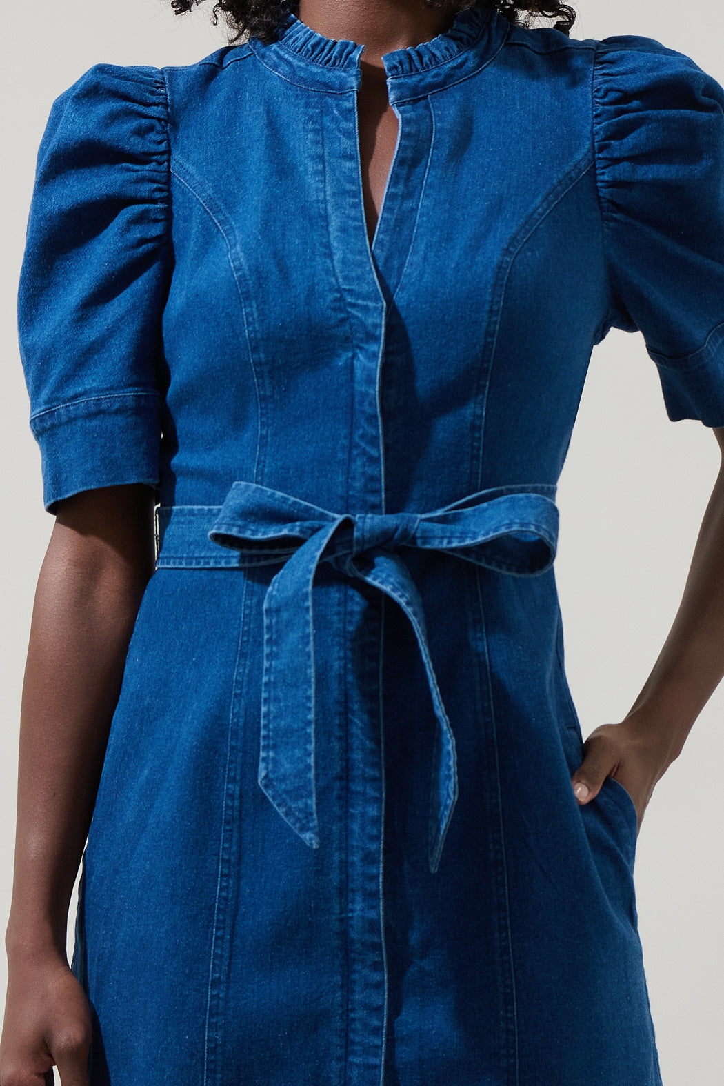 Jamie Denim Puff Sleeve Belted Mini Dress Mid-Blue / L by Sugarlips Jamie Denim Puff Sleeve Belted Mini Dress Mid-Blue / L by Sugarlips