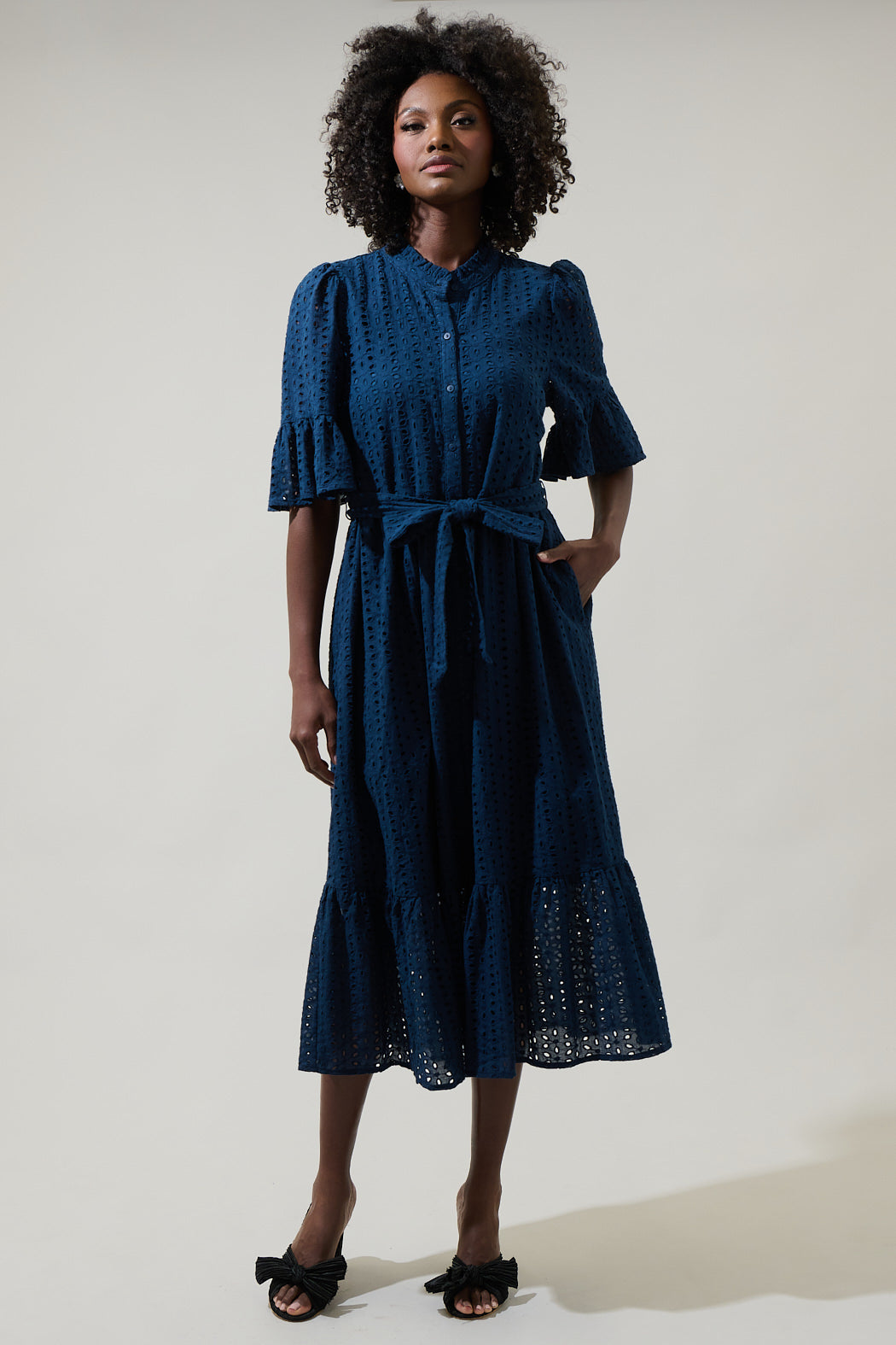 Kaylie Eyelet Pem Button Down Midi Dress NAVY / M by Sugarlips Kaylie Eyelet Pem Button Down Midi Dress NAVY / M by Sugarlips