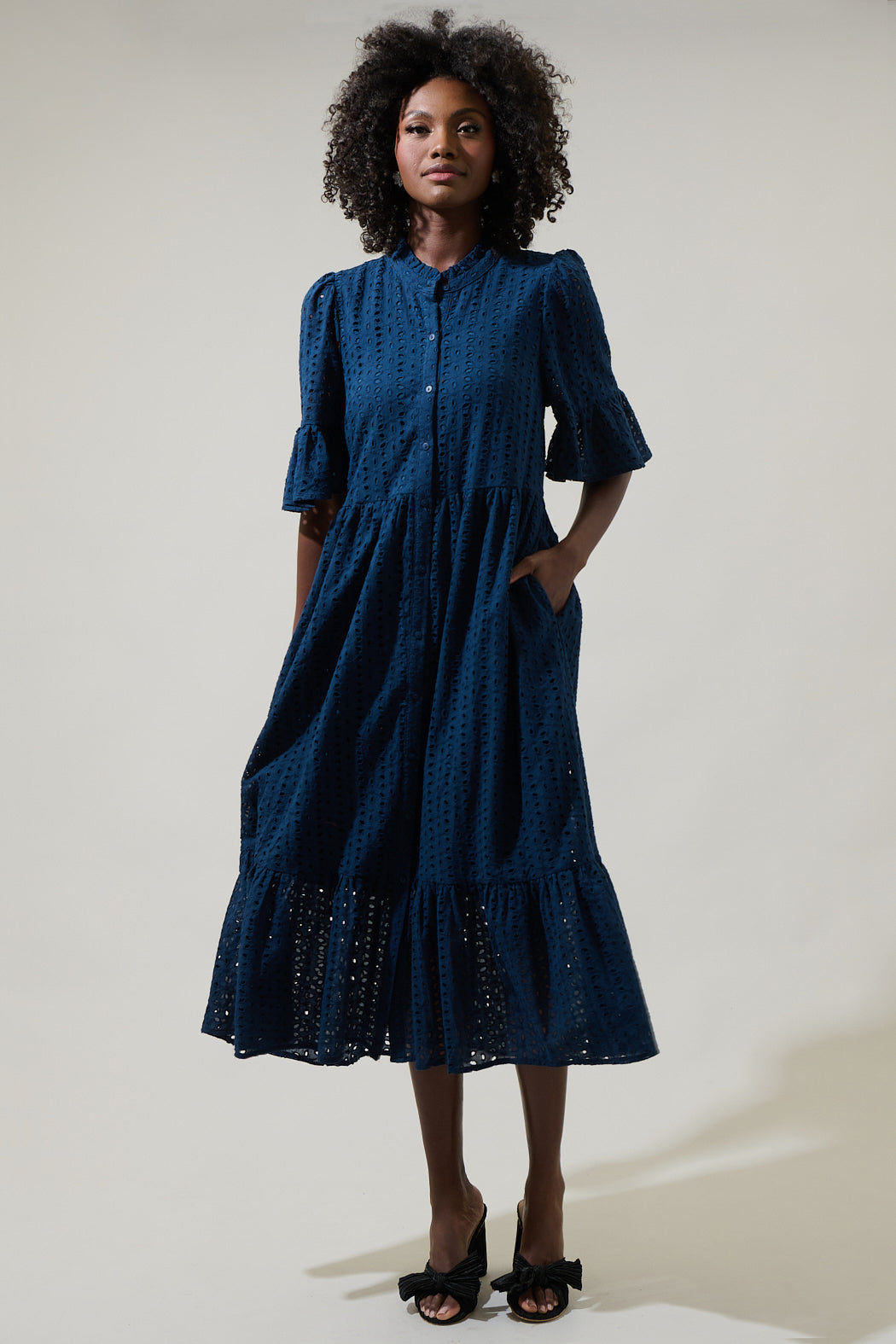 Kaylie Eyelet Pem Button Down Midi Dress KELLY-GREEN / S by Sugarlips Kaylie Eyelet Pem Button Down Midi Dress KELLY-GREEN / S by Sugarlips