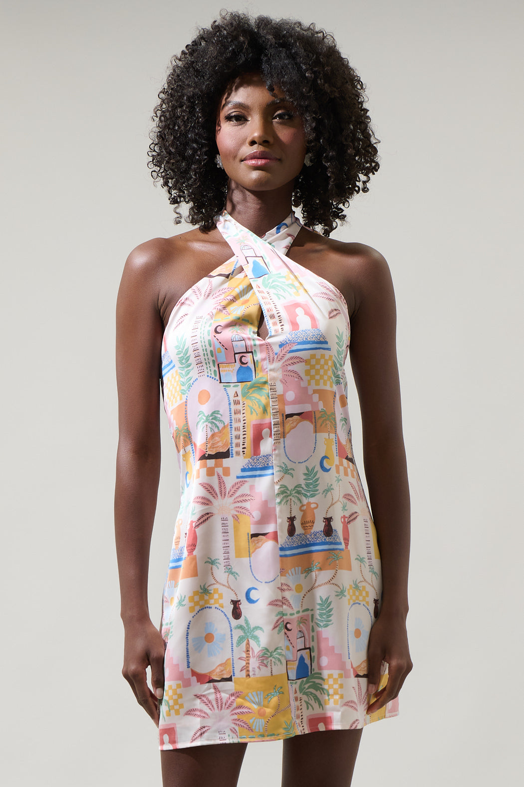 Down The Sunset Lissa Halter Shift Mini Dress CORAL-MULTI / M by Sugarlips Down The Sunset Lissa Halter Shift Mini Dress CORAL-MULTI / M by Sugarlips