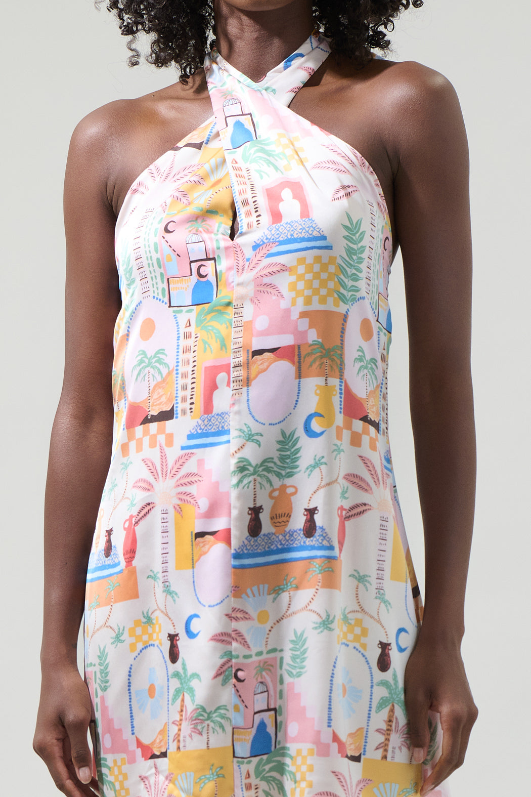 Down The Sunset Lissa Halter Shift Mini Dress CORAL-MULTI / M by Sugarlips Down The Sunset Lissa Halter Shift Mini Dress CORAL-MULTI / M by Sugarlips