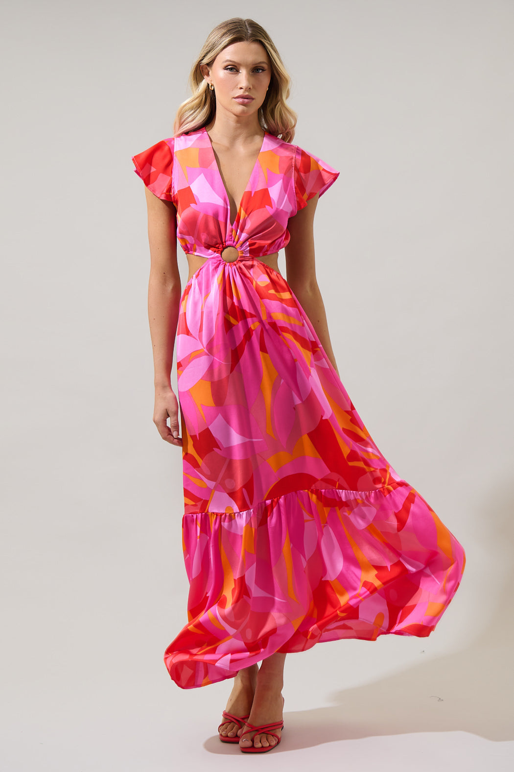 Sangria Abstract O-Ring Cut Out Midi Dress Red Orange / M