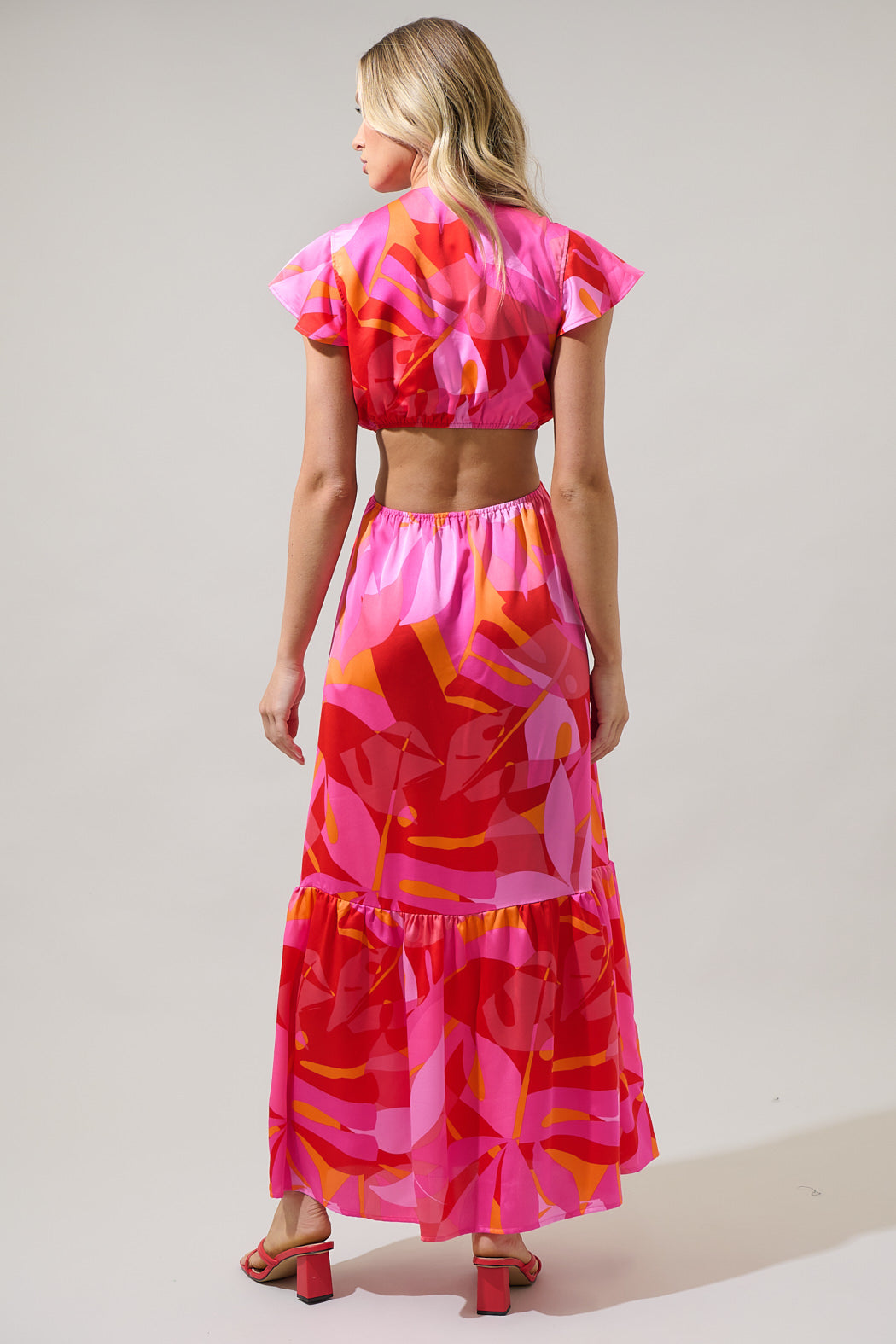 Sangria Abstract O-Ring Cut Out Midi Dress Red Orange / M
