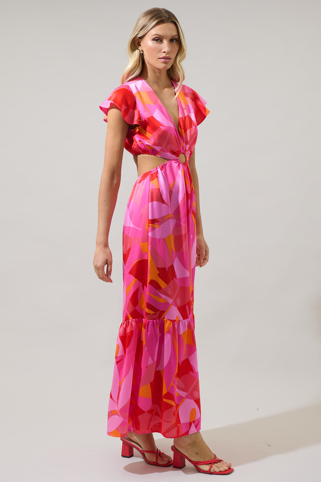 Sangria Abstract O-Ring Cut Out Midi Dress Red Orange / M by Sugarlips Sangria Abstract O-Ring Cut Out Midi Dress Red Orange / M by Sugarlips