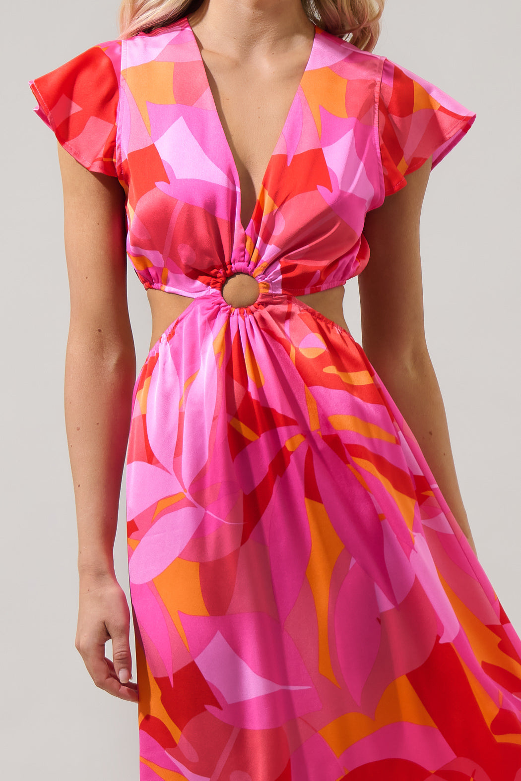 Sangria Abstract O-Ring Cut Out Midi Dress Red Orange / M