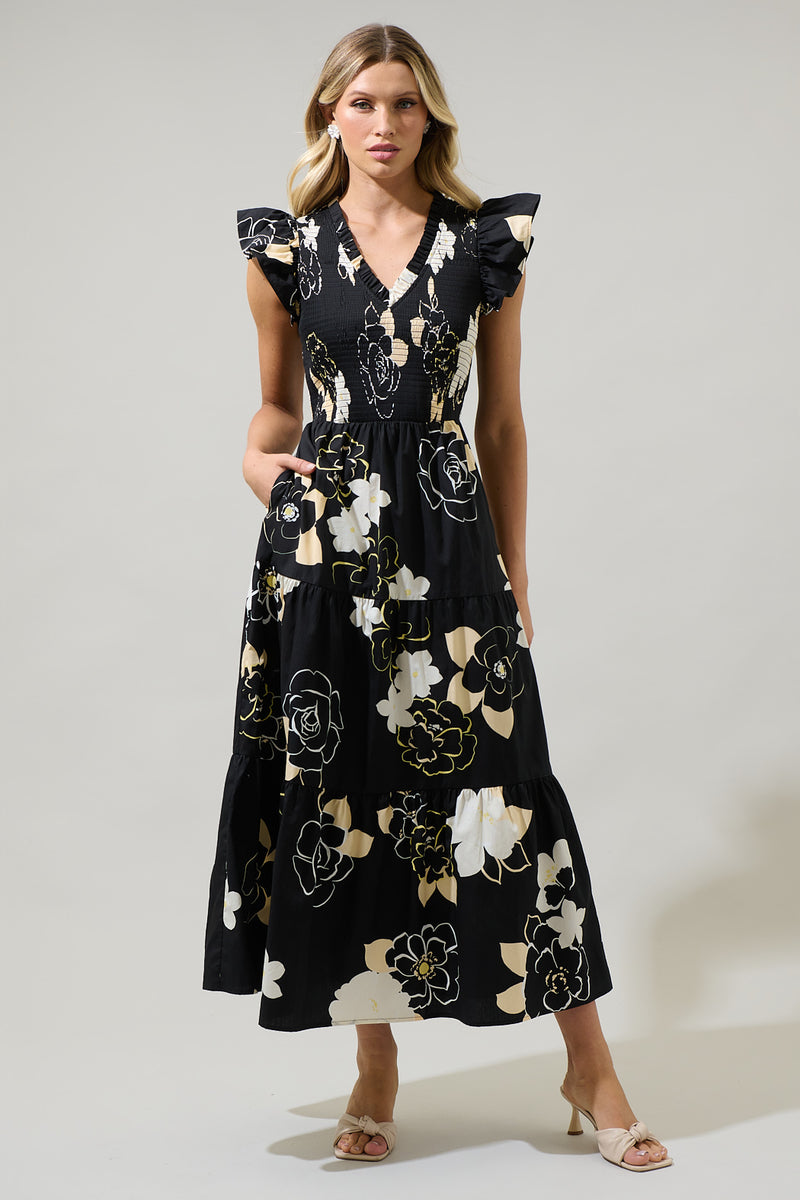 Cairan Rose Sunfire Smocked Bodice Tiered Midi Dress – Sugarlips