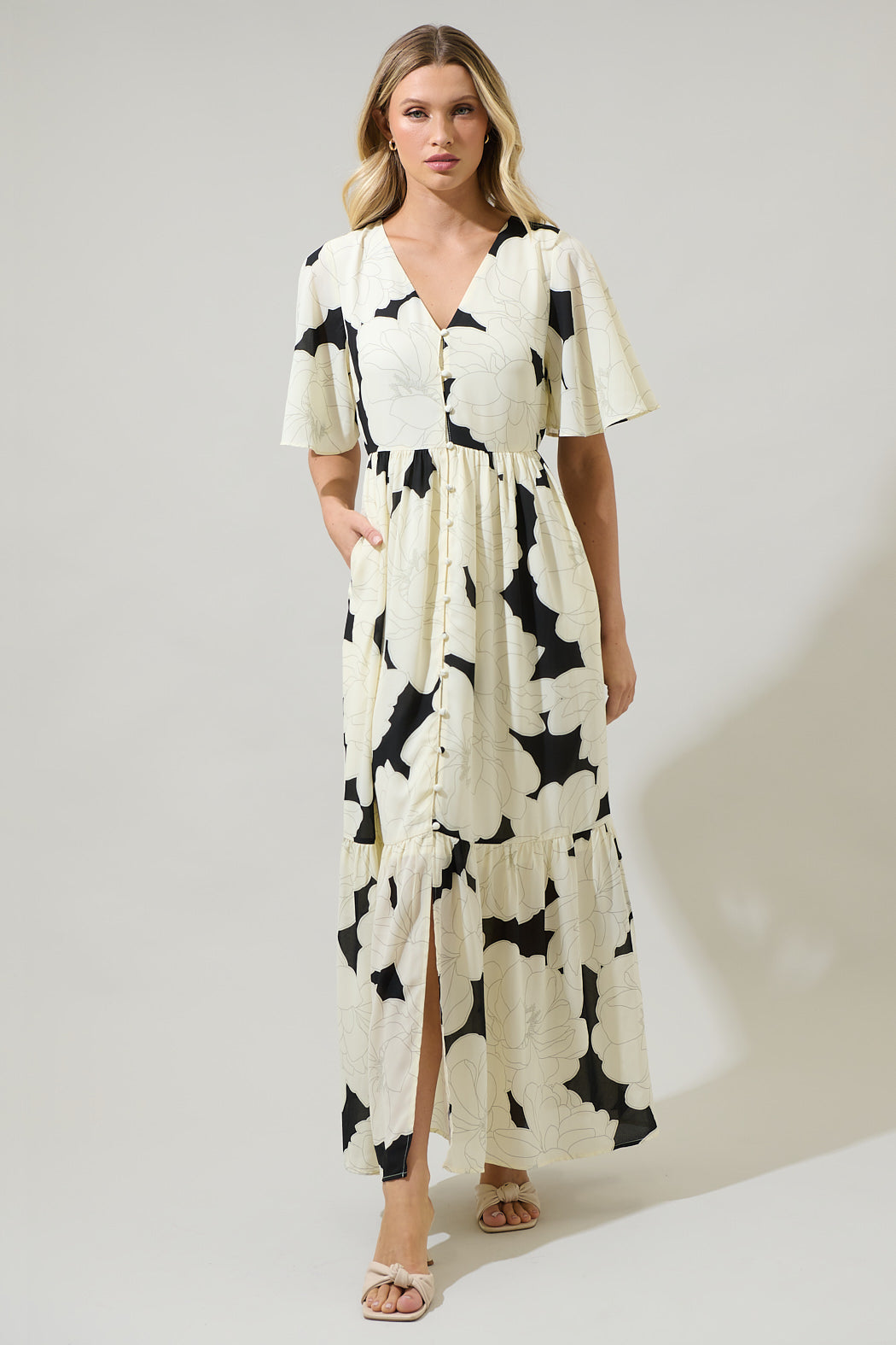 button down maxi dress floral Leo Button Front Maxi Dress Black/Lemon / XS