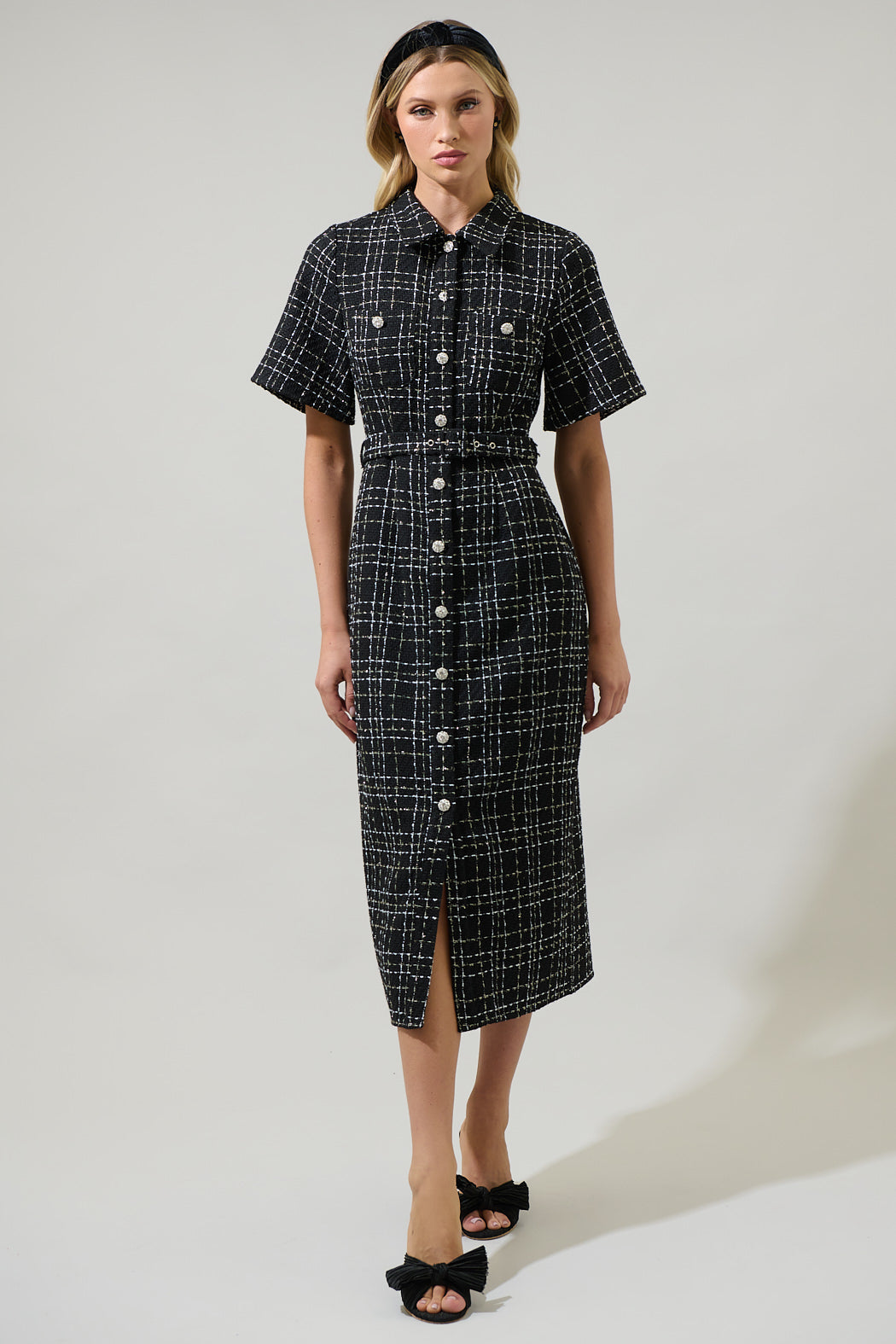 Brook Tweed Button Down Midi Dress Black / XL by Sugarlips Brook Tweed Button Down Midi Dress Black / XL by Sugarlips