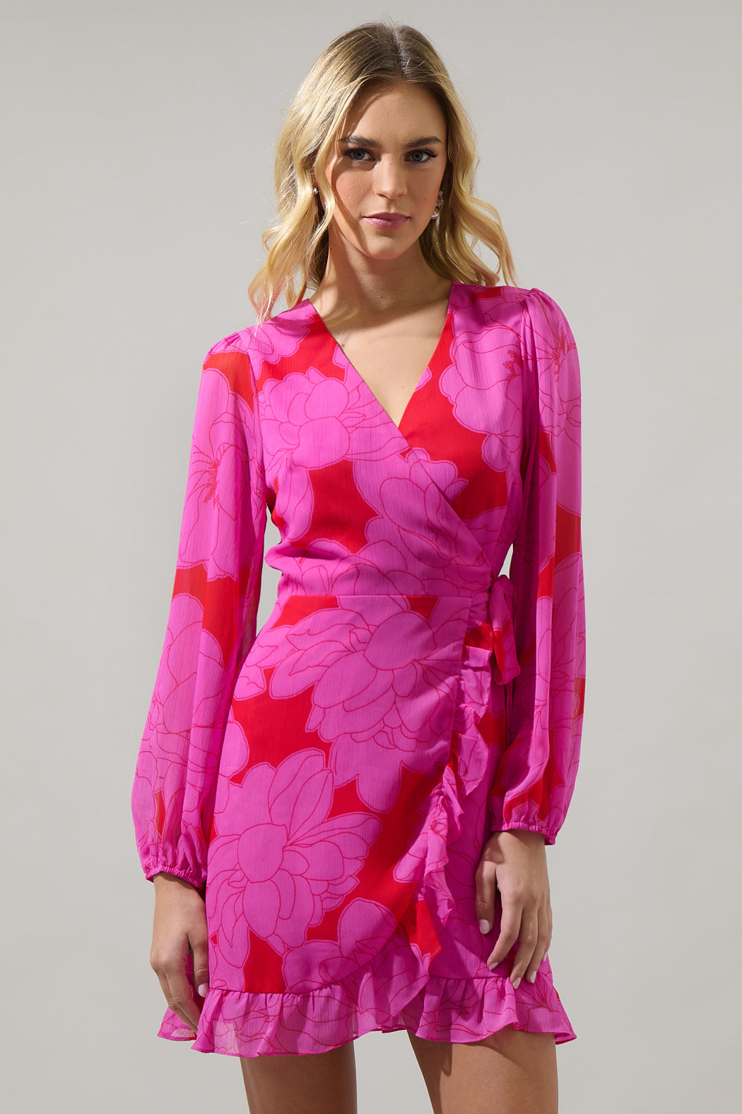 Zalea Floral Mini Wrap Dress Red-Pink / Xs by Sugarlips Zalea Floral Mini Wrap Dress Red-Pink / Xs by Sugarlips