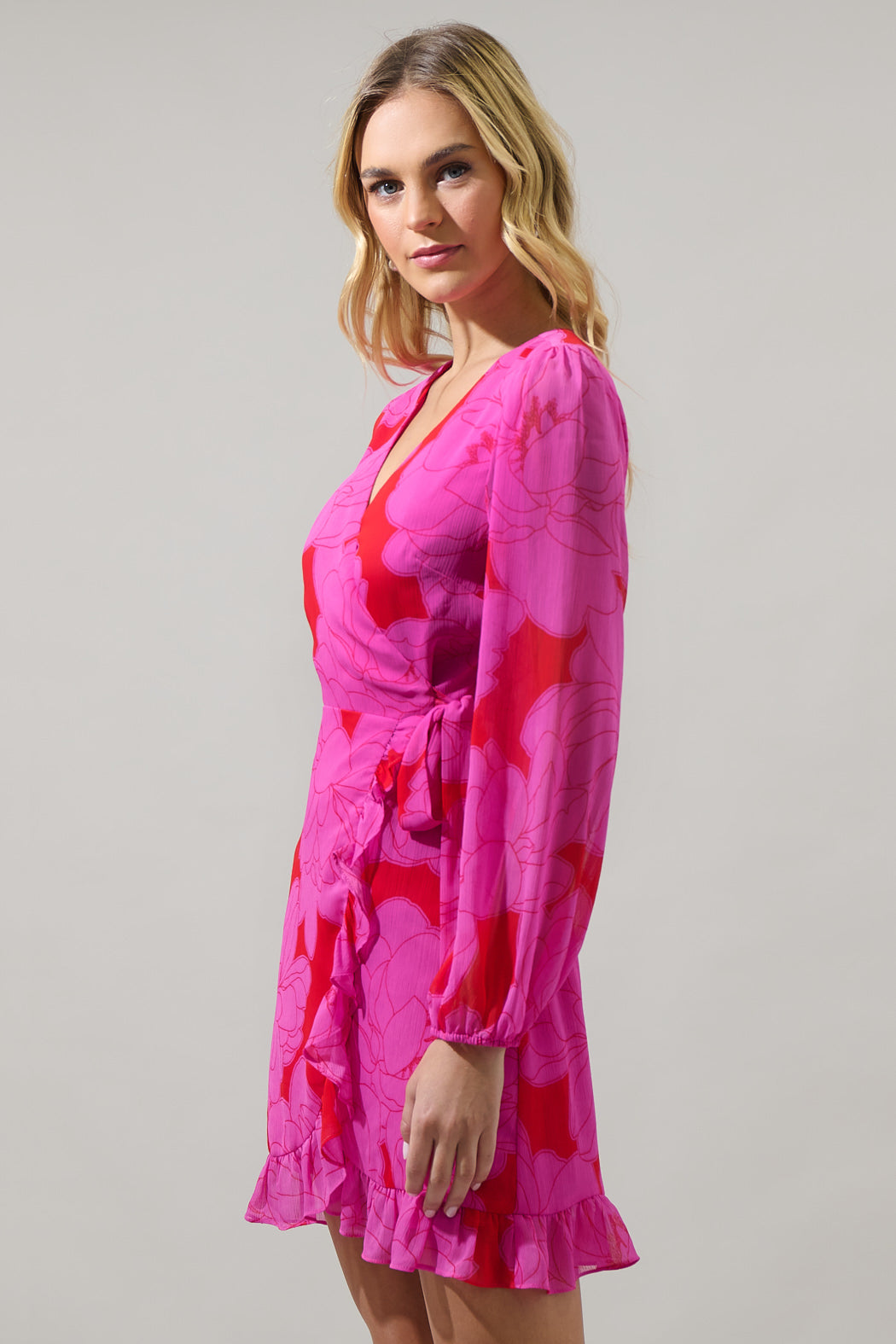 Zalea Floral Mini Wrap Dress RED-PINK / XS by Sugarlips Zalea Floral Mini Wrap Dress RED-PINK / XS by Sugarlips