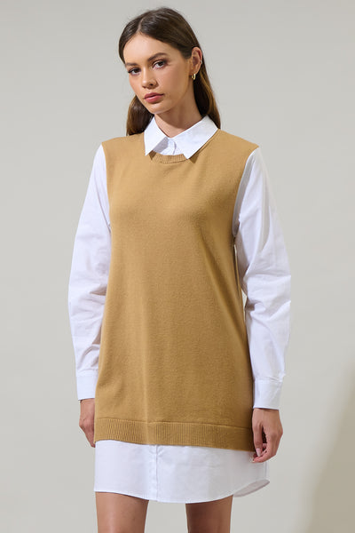 Milford Mariela Sweater Vest and Poplin Dress TAN / L