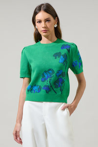 Kersey Floral Pleated Short Sleeve Sweater Top