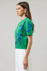 Kersey Floral Pleated Short Sleeve Sweater Top