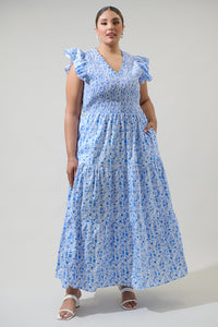Luray Floral Sunfire Smocked Bodice Tiered Midi Curve Dress