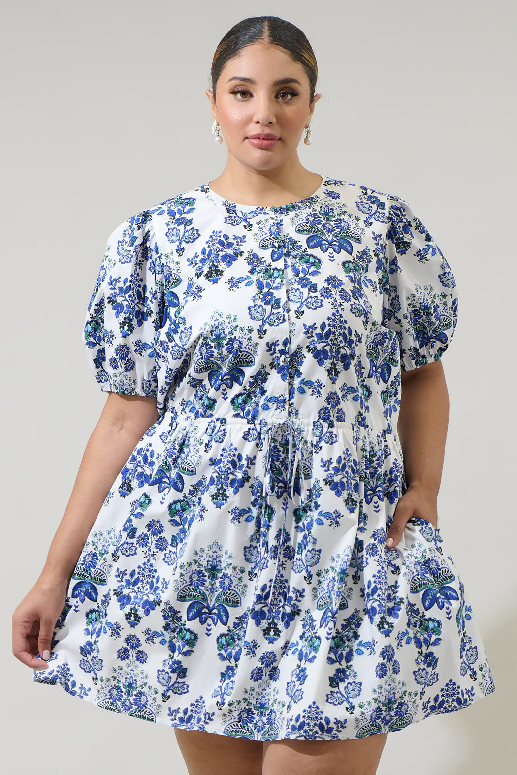 puff sleeve mini dress plus size Blue Plus Chambray Puff Sleeve Mini Skater Dress