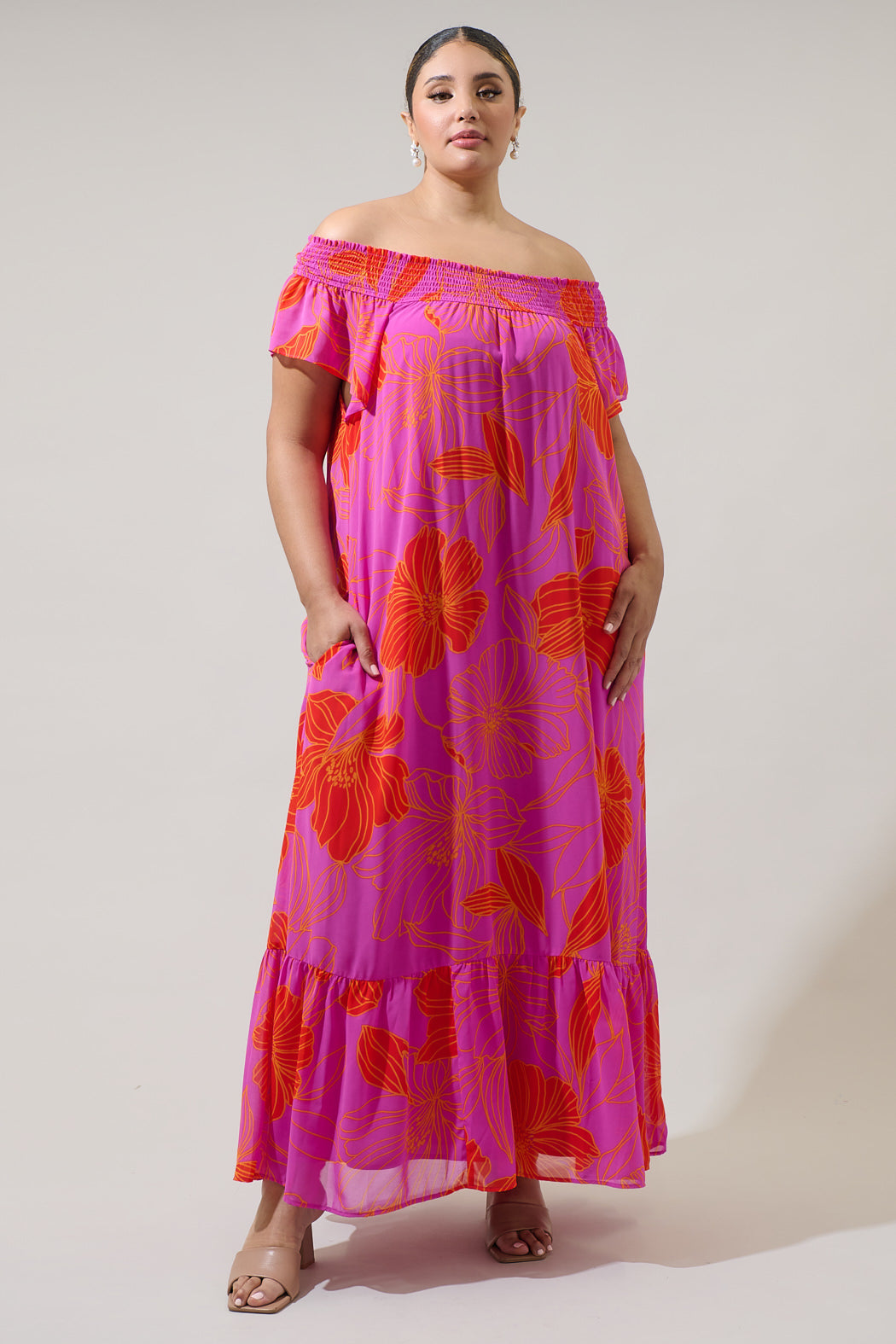 Blakeley Floral Jane Smocked Maxi Dress Curve ORANGE-PINK-MULTI / 2X by Sugarlips Blakeley Floral Jane Smocked Maxi Dress Curve ORANGE-PINK-MULTI / 2X by Sugarlips