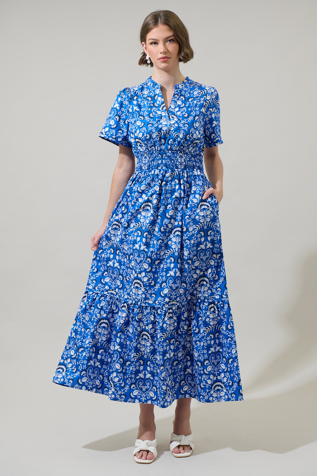 Lulu Floral Belraj Poplin Maxi Dress LT-BLUE-WHIT / L by Sugarlips Lulu Floral Belraj Poplin Maxi Dress LT-BLUE-WHIT / L by Sugarlips