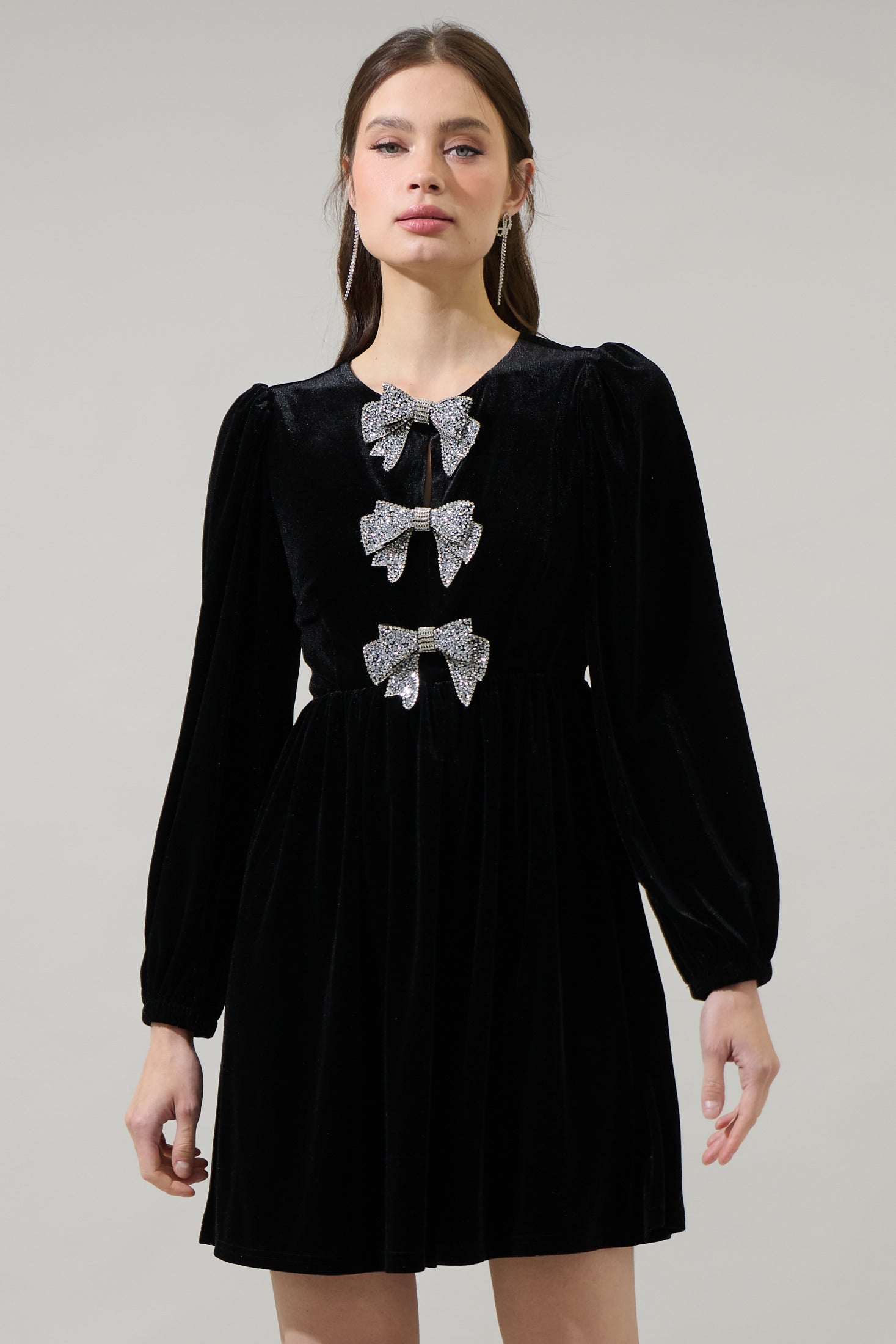 Sugarlips Glow Bow Velvet Crew Neck Long Sleeve Mini Dress, Womens, L, Black Sugarlips Glow Bow Velvet Crew Neck Long Sleeve Mini Dress, Womens, L, Black