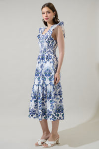 Viara Floral Giza Glare Smock Tiered Midi Dress