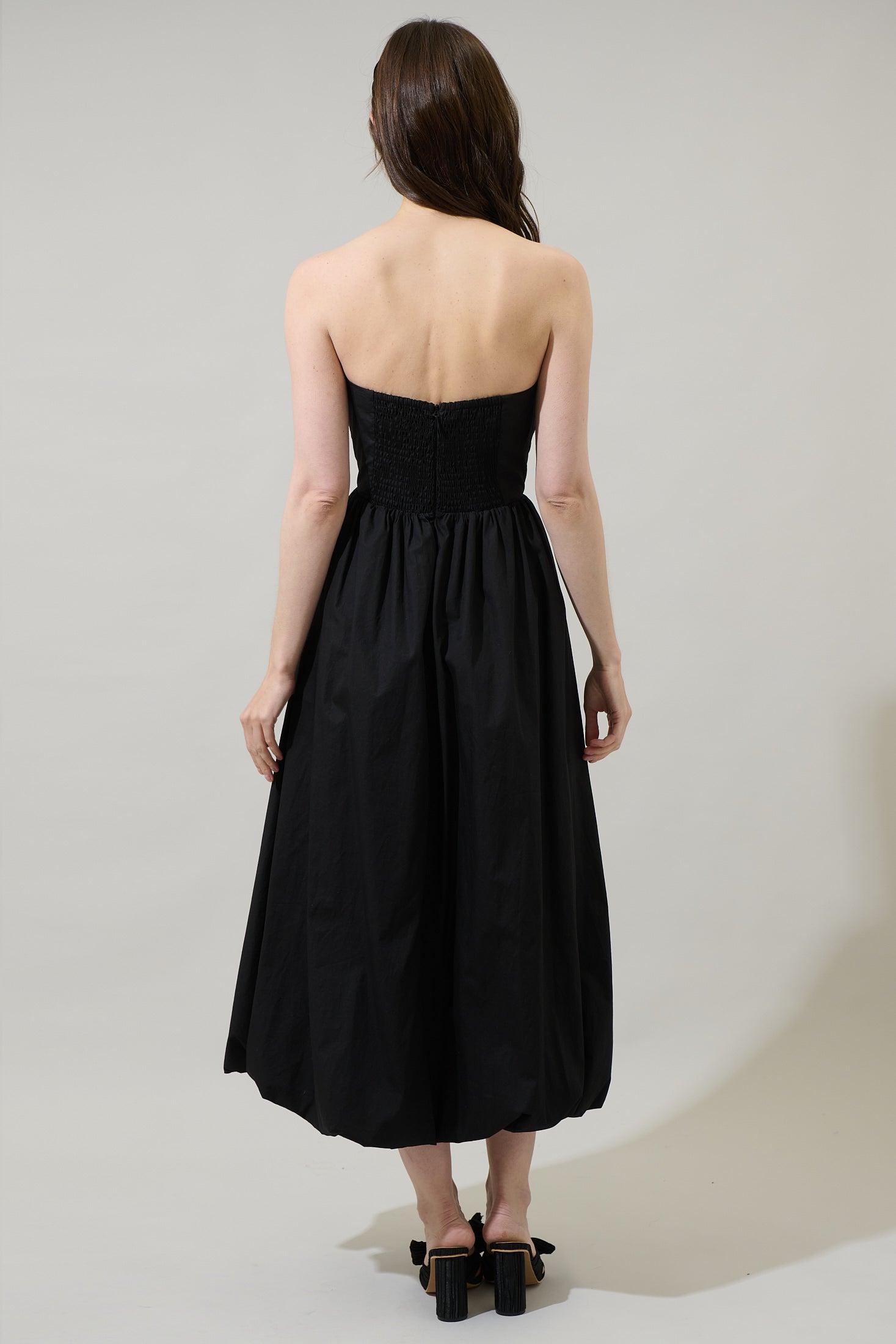 strapless maxi dress casual Sugarlips Poplin Strapless Neck Sleeveless Bubble Hem Midi Dress, Womens, S, Black