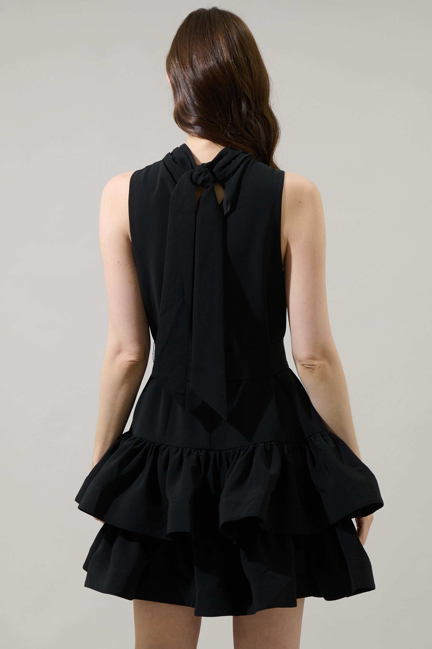ruffle mini dress black Bubble Hem Sleeveless Ponte One Shoulder, Tall Wilma in Black, Size S, For Cocktail thin straps that cross over a sexy open back and soft fabric that hugs your curves Ruched Waist Ruffle Mini Dress