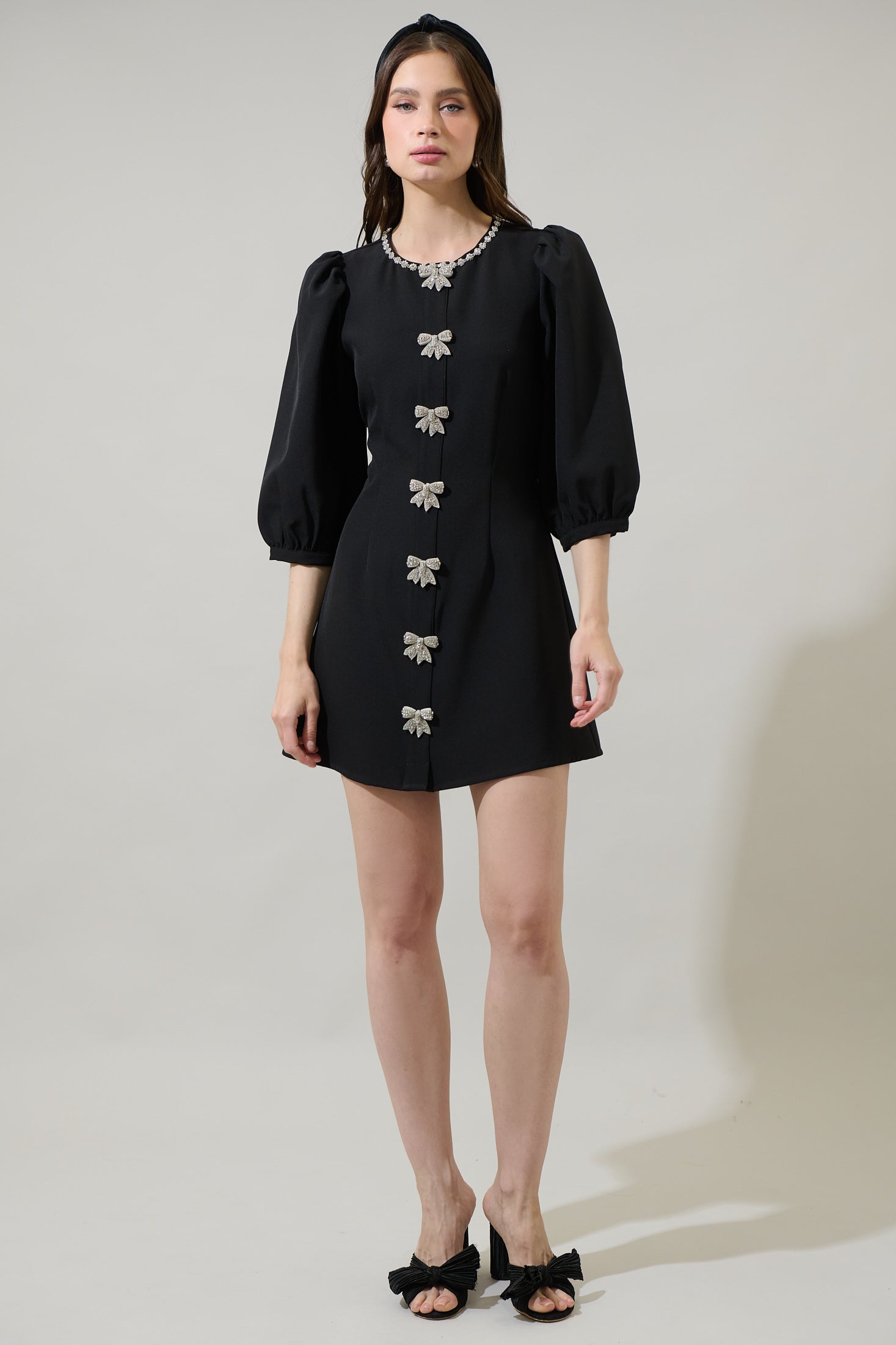 rhinestone bow mini dress Velvet Mini Dress with Rhinestone Bow Detail 36602