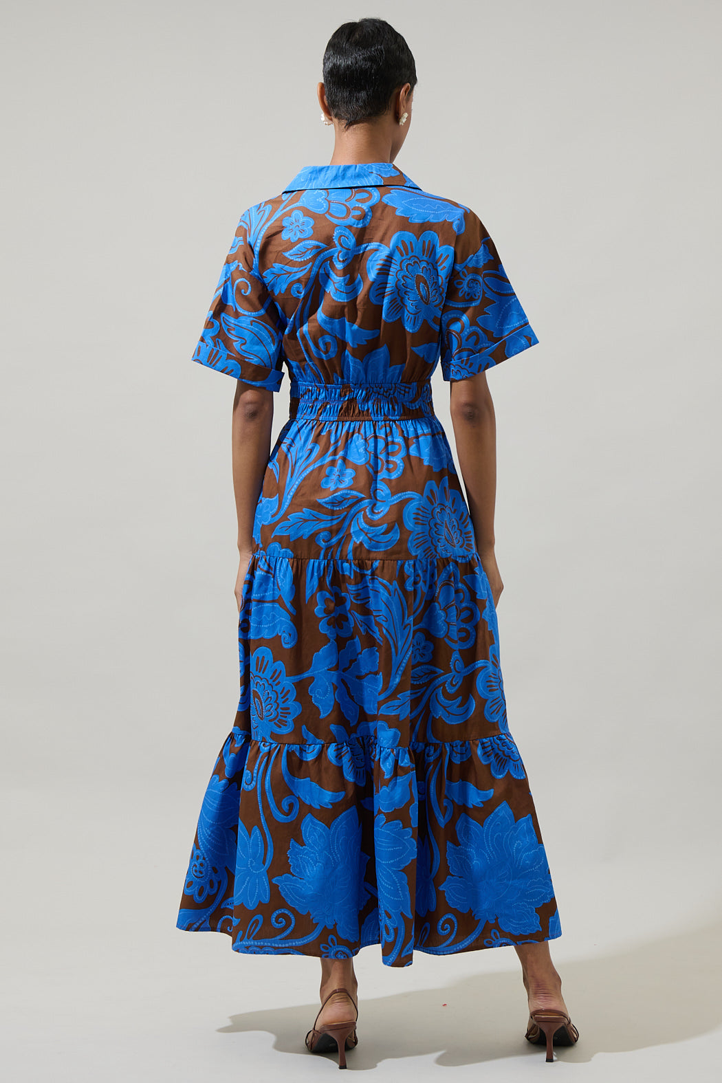 Ofelia Floral Milah Tiered Collared Maxi Dress BROWN-BLUES / XS by Sugarlips Ofelia Floral Milah Tiered Collared Maxi Dress BROWN-BLUES / XS by Sugarlips