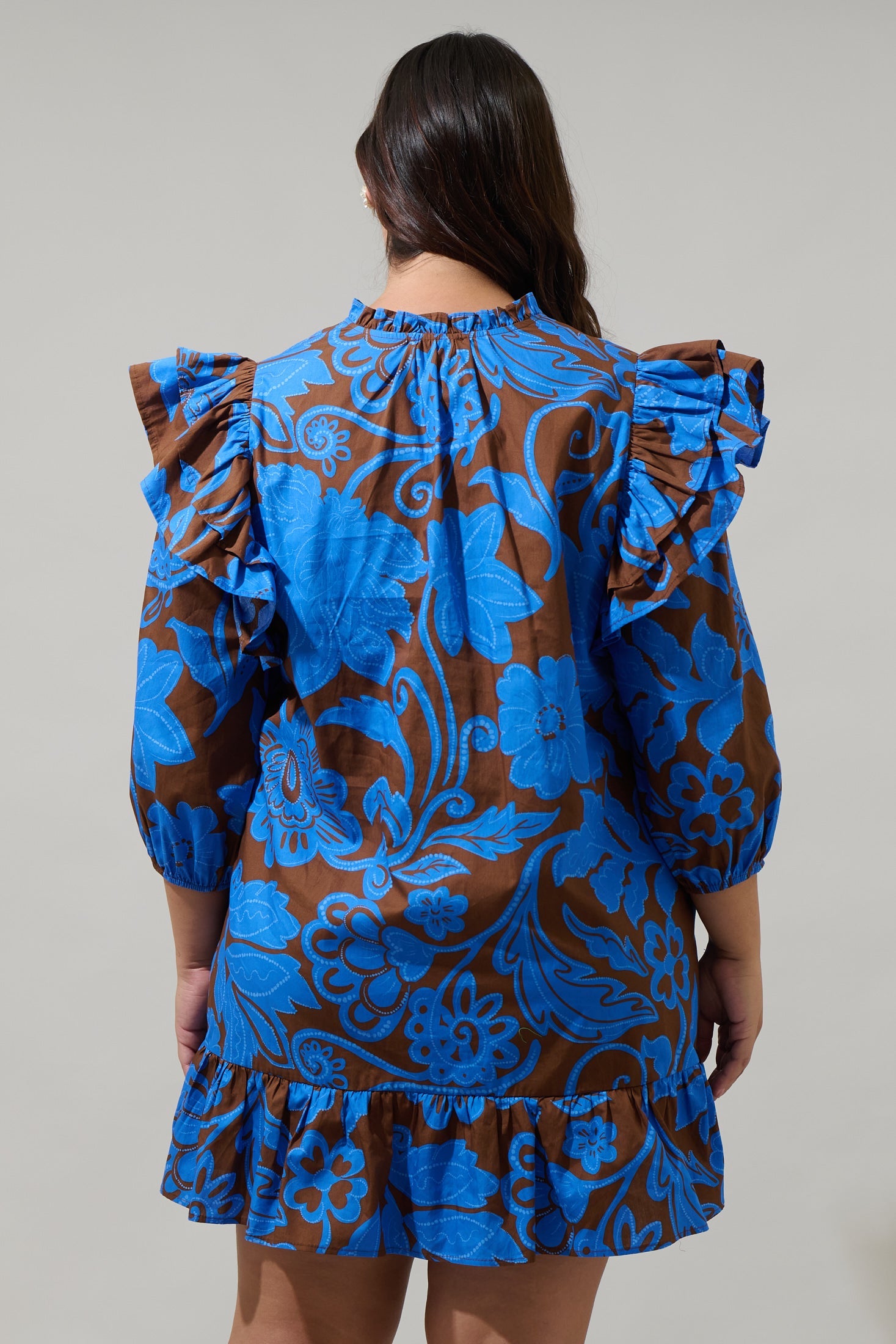 Ofelia Floral Sammy Ruffle Drop Waist Dress Curve BROWN-BLUES / 2X by Sugarlips Ofelia Floral Sammy Ruffle Drop Waist Dress Curve BROWN-BLUES / 2X by Sugarlips