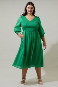 Zelda Smocked Long Sleeve Midi Dress Curve