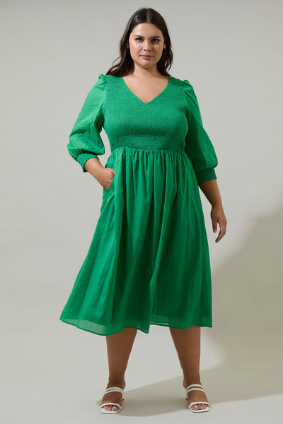 Zelda Smocked Long Sleeve Cotton Voile Midi Dress Curve – Sugarlips