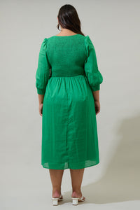 Zelda Smocked Long Sleeve Cotton Voile Midi Dress Curve