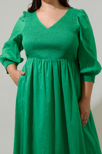 Zelda Smocked Long Sleeve Cotton Voile Midi Dress Curve