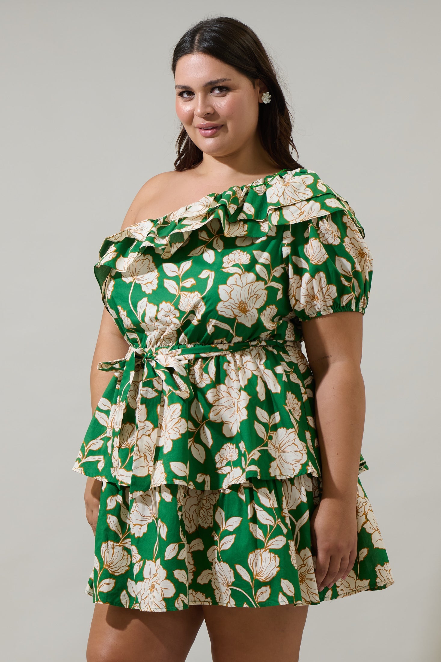 Lucena Floral Irene One Shoulder Mini Dress Curve green-Multi / 3X by Sugarlips Lucena Floral Irene One Shoulder Mini Dress Curve green-Multi / 3X by Sugarlips