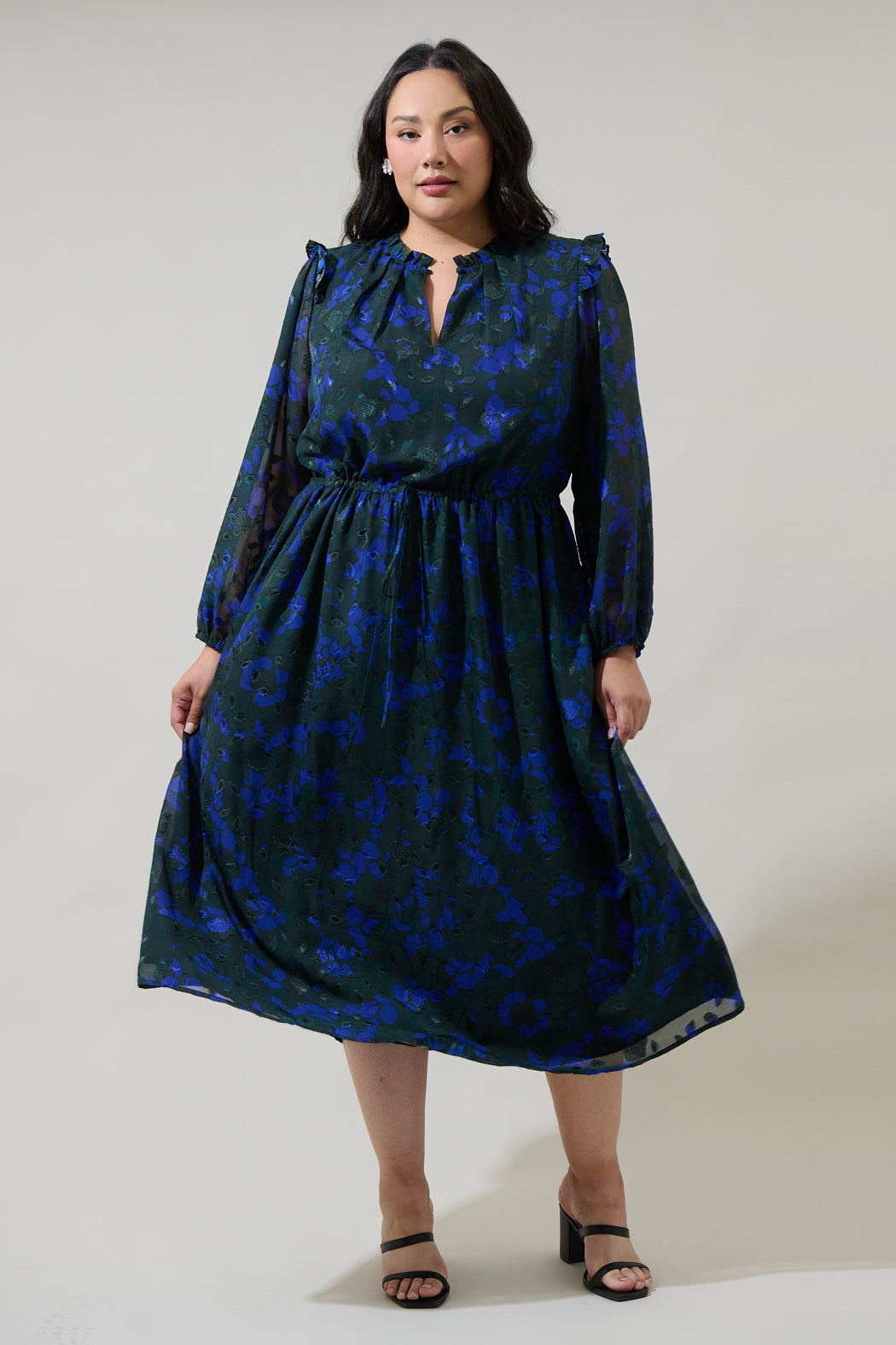 Sweetwater Floral Organza Tiered Midi Dress Curve EMERALD-BLUE / 1x by Sugarlips Sweetwater Floral Organza Tiered Midi Dress Curve EMERALD-BLUE / 1x by Sugarlips