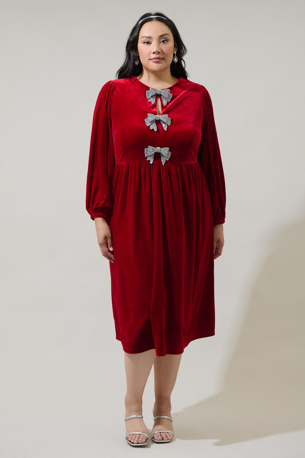 Jena Glow Bow Velvet Midi Dress Curve Red / 2X by Sugarlips Jena Glow Bow Velvet Midi Dress Curve Red / 2X by Sugarlips